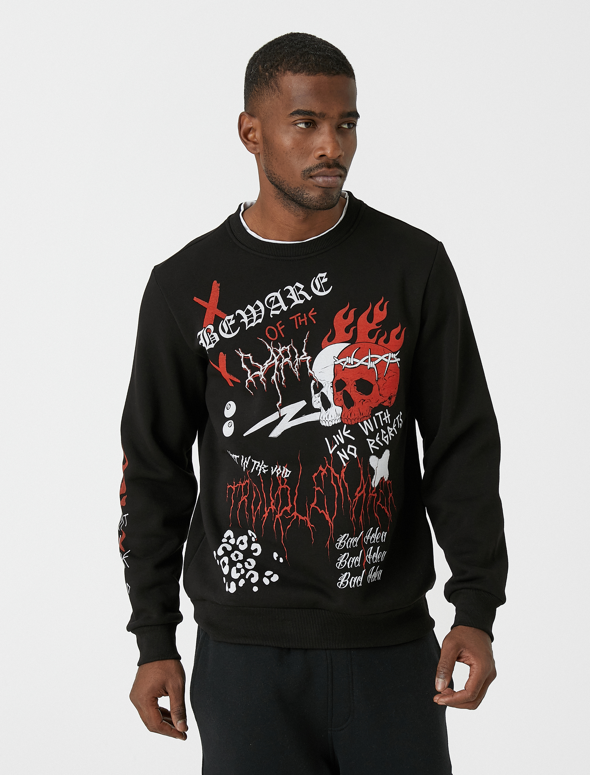   Kuru Kafa Baskılı Sweatshirt Bisiklet Yaka