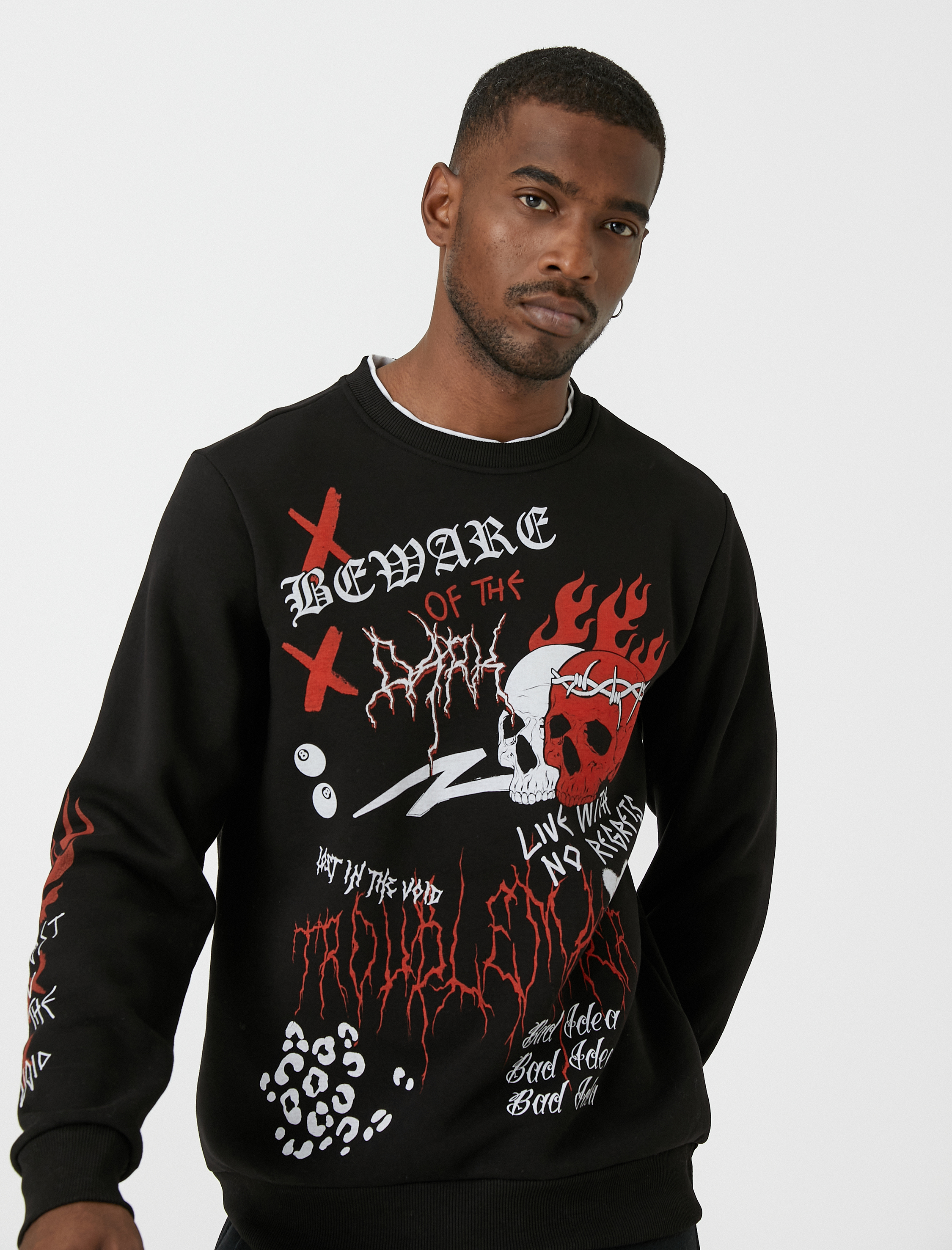   Kuru Kafa Baskılı Sweatshirt Bisiklet Yaka