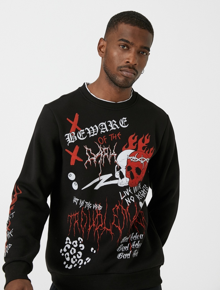  Kuru Kafa Baskılı Sweatshirt Bisiklet Yaka