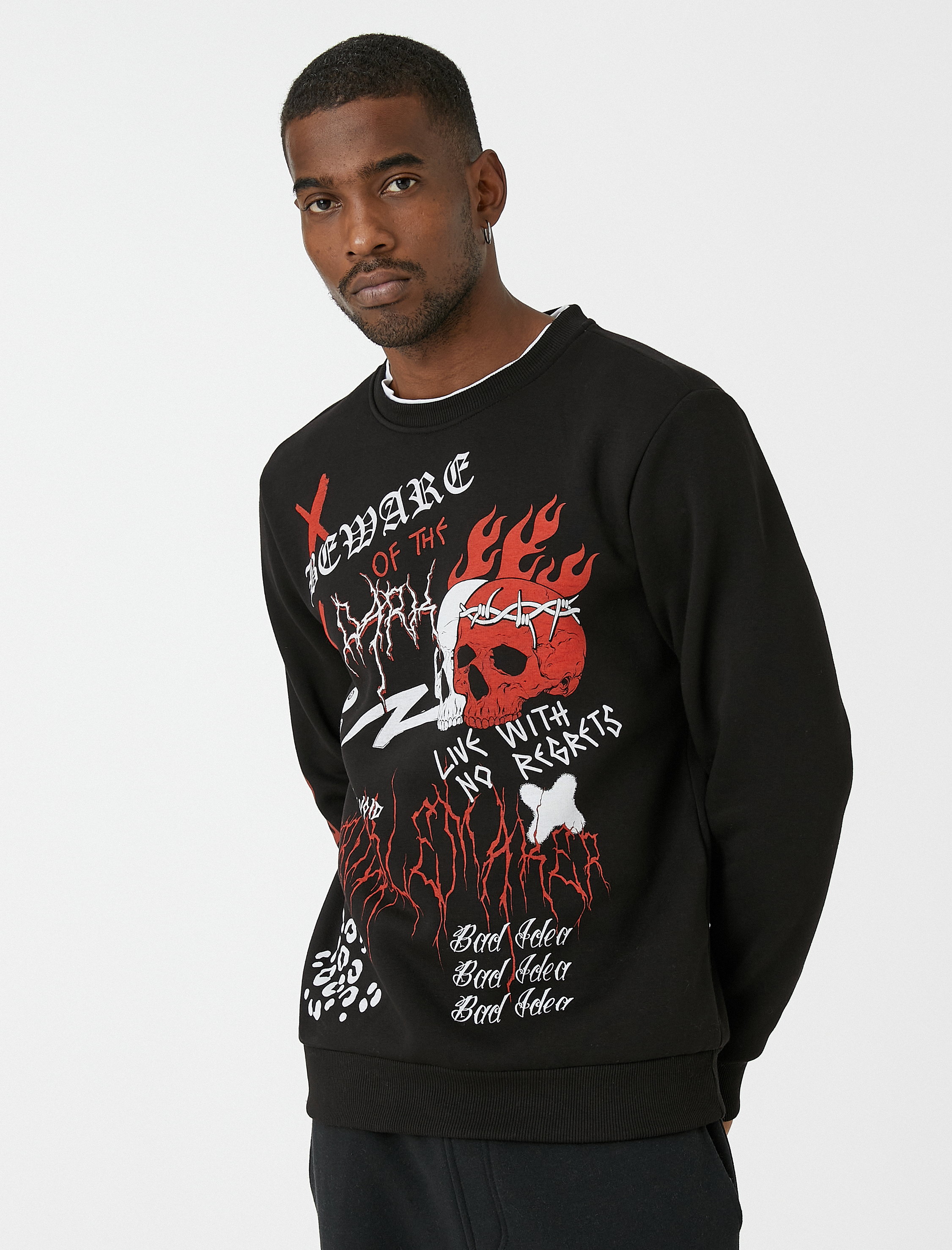   Kuru Kafa Baskılı Sweatshirt Bisiklet Yaka