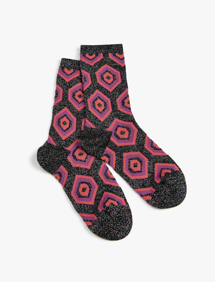  Kadın Geometrik Desenli Simli Çorap - Melis Ağazat X Koton