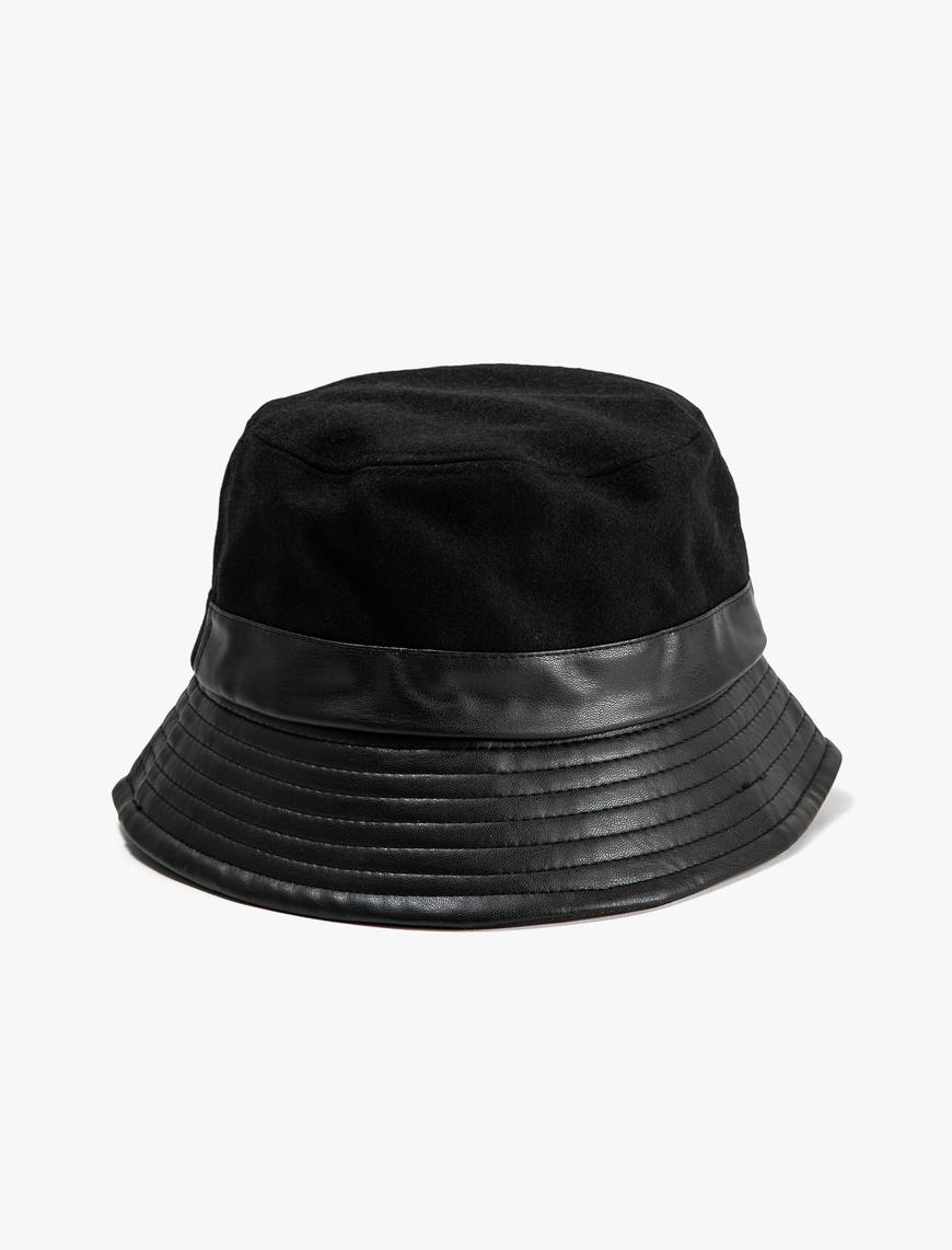  Kadın Bucket Şapka Suni Deri Görünüm Detaylı