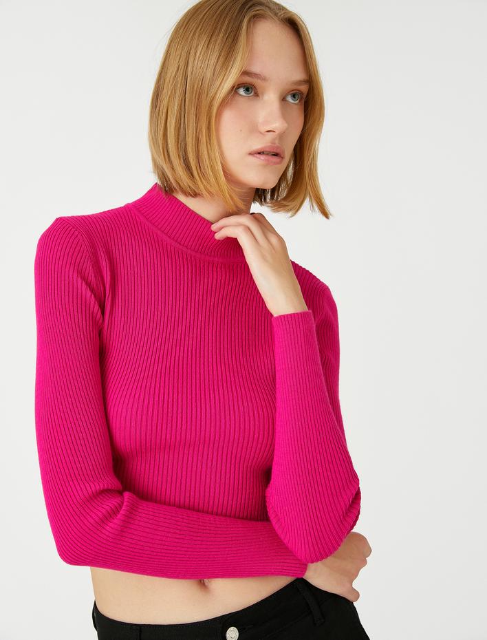  Crop Triko Kazak Dik Yaka Ribanalı Kaşmir Dokulu