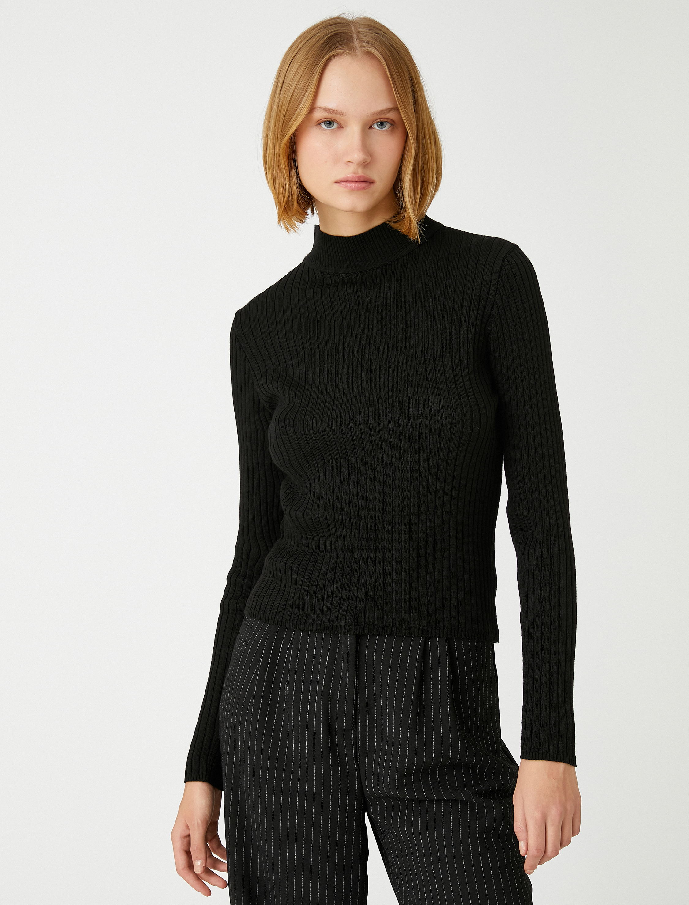   Dik Yaka Ribanalı Triko Kazak Kaşmir Dokulu