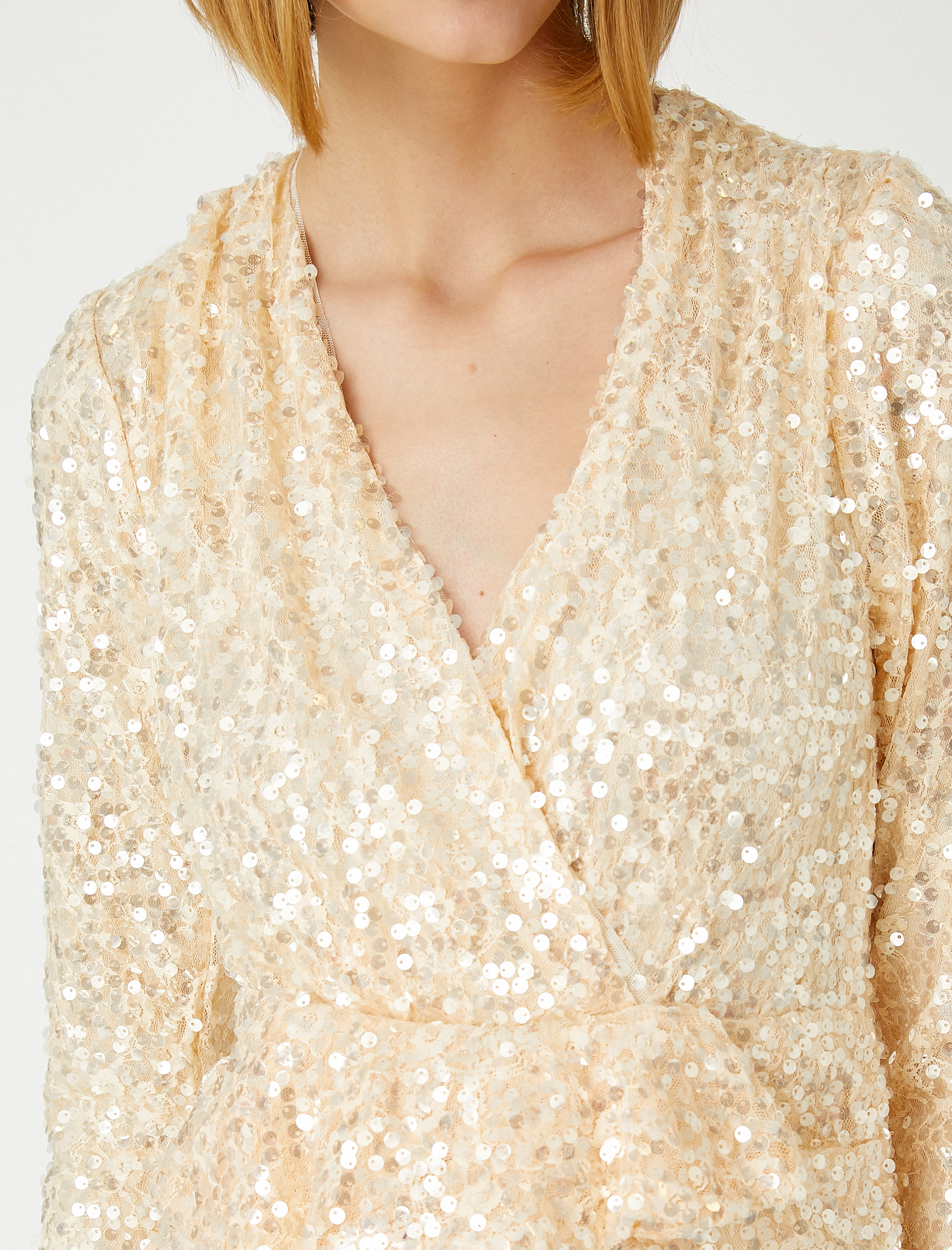   Payetli Volanlı Mini Abiye Elbise Uzun Kollu