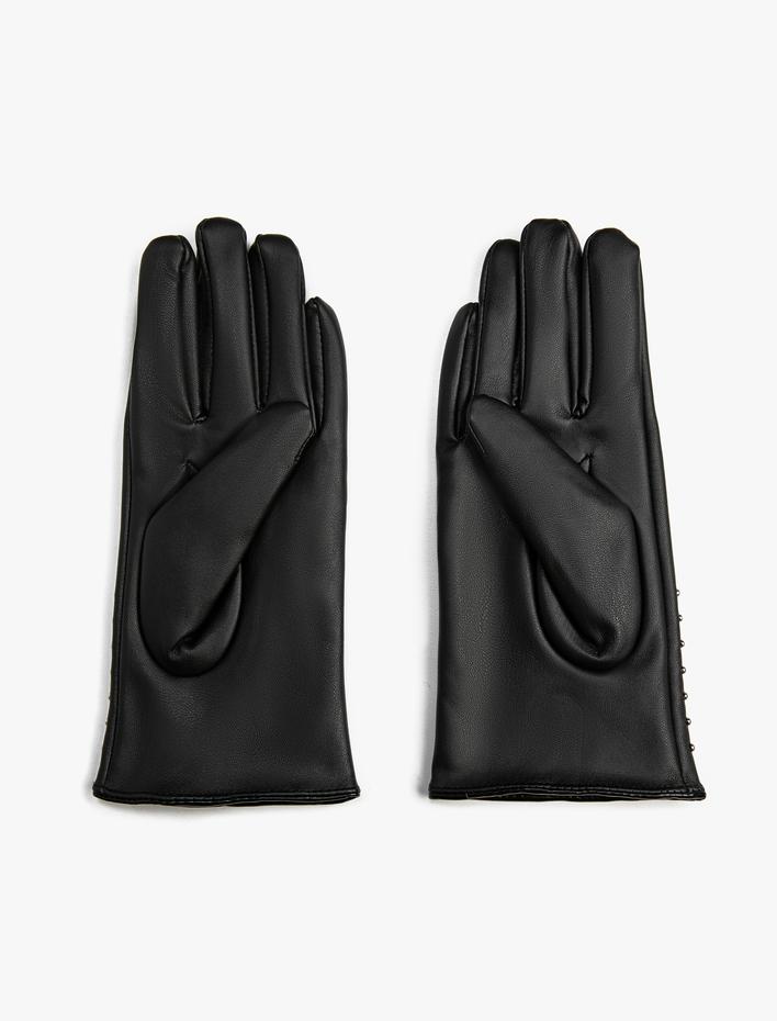 Kadın Suni Deri Eldiven Zımba Detaylı İçi İnce Suni Kürk Astarlı