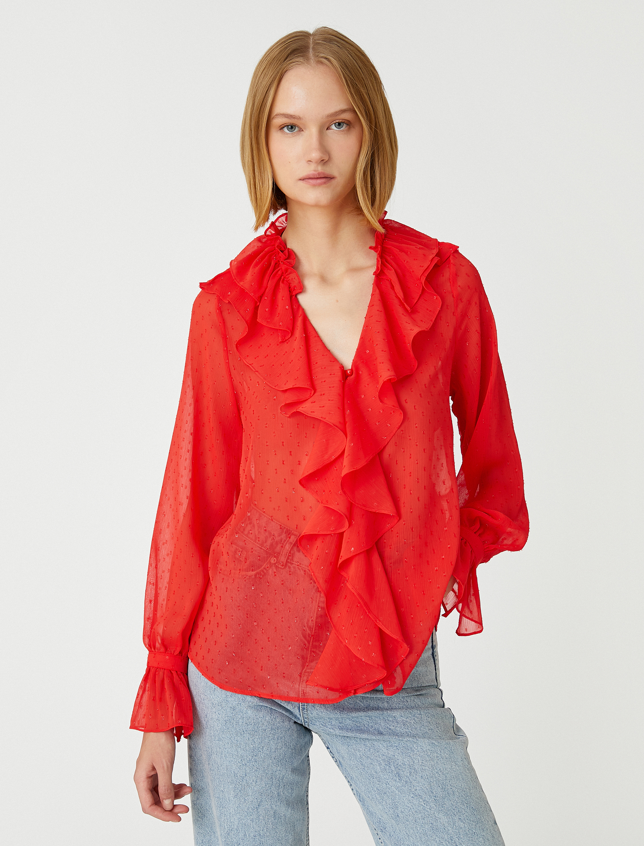   Volanlı Şifon Abiye Bluz