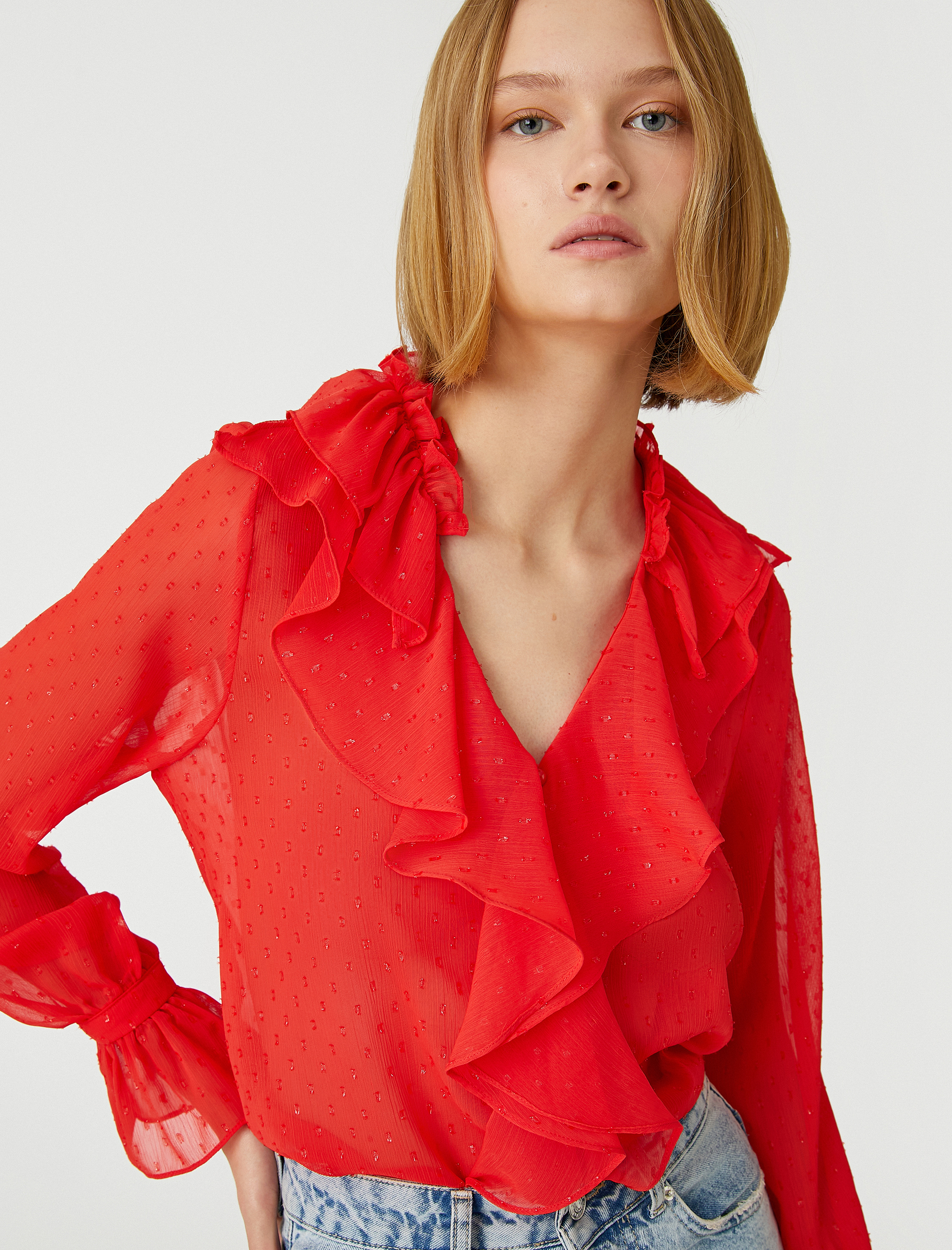   Volanlı Şifon Abiye Bluz