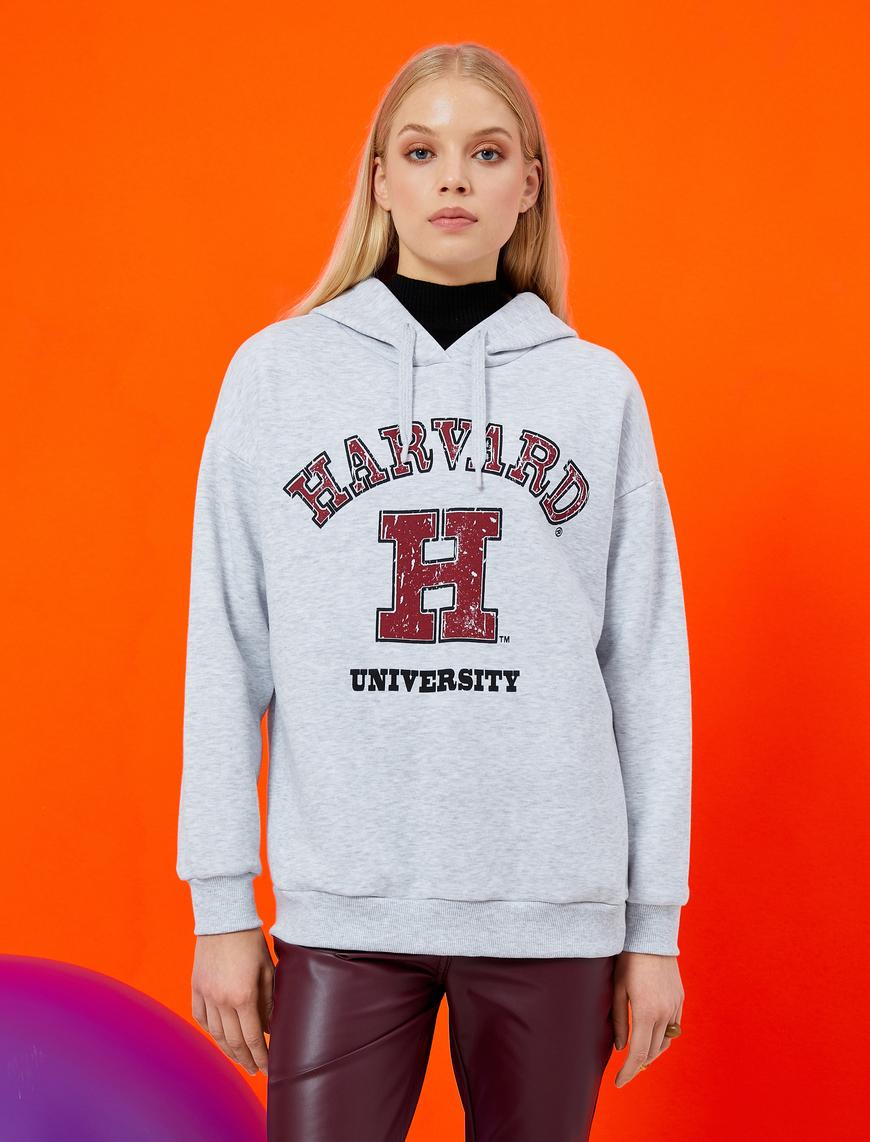   Oversize Kolej Sweatshirt Kapüşonlu Baskılı Harvard Lisanslı İçi Polarlı