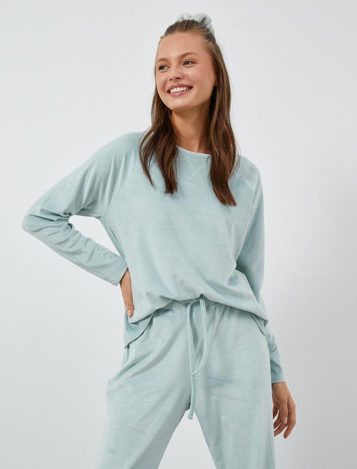  Kadife Pijama Üstü Uzun Kollu Bisiklet Yaka