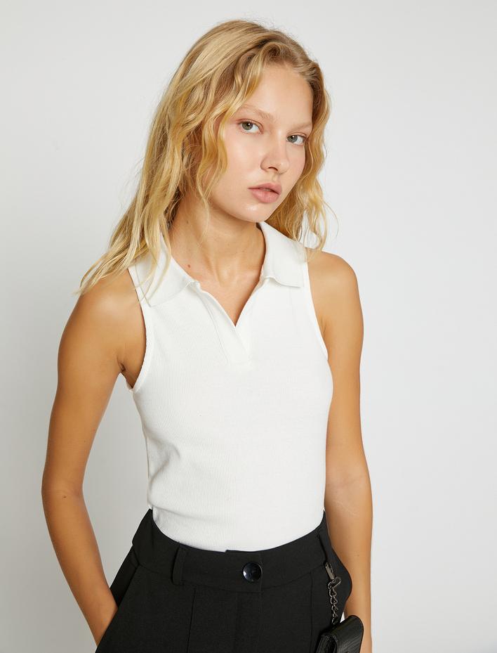  Polo Yaka Crop Üst Kolsuz Düğmeli