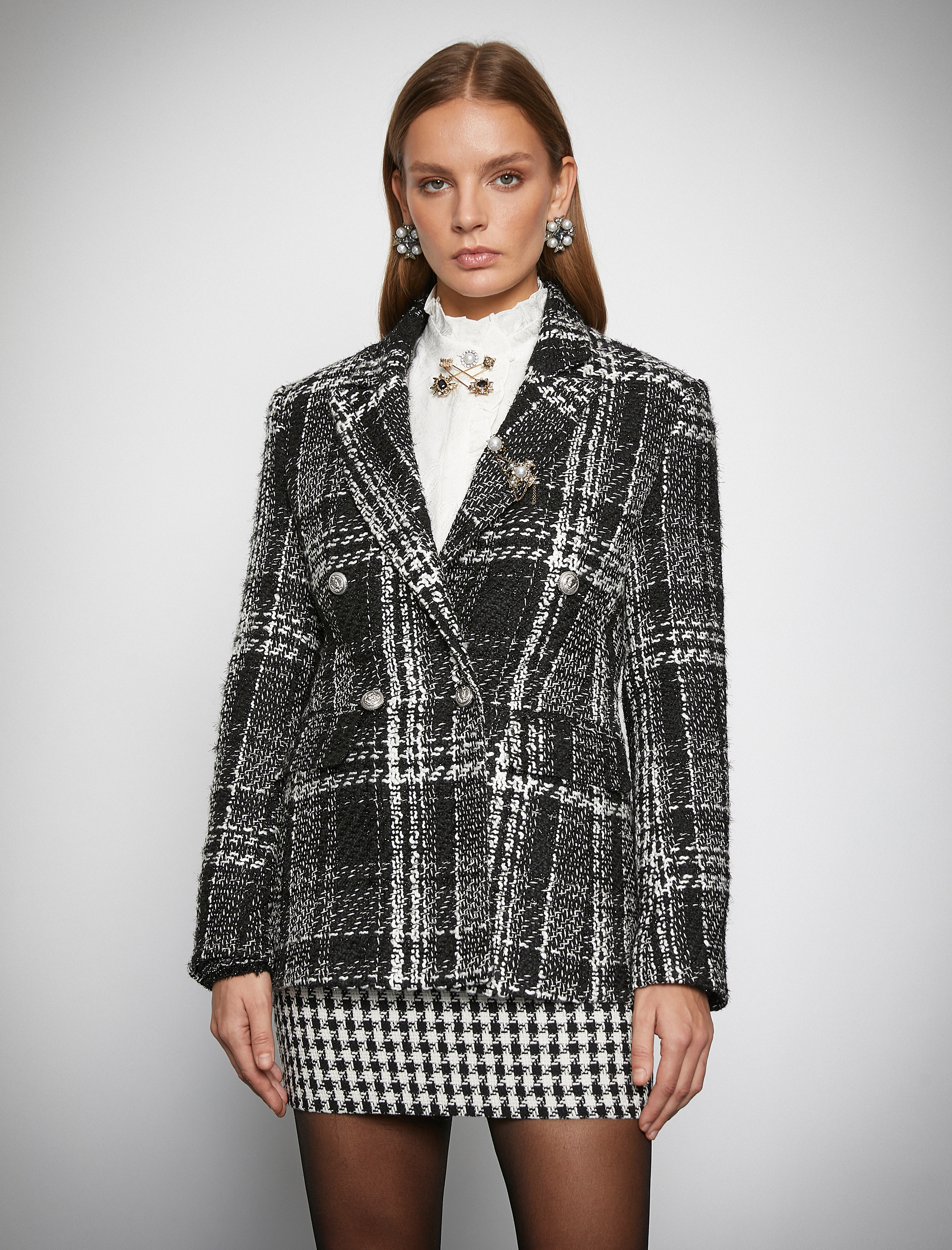   Melis Ağazat X Koton - Kruvaze Düğmeli Ekoseli Tüvit Blazer Ceket