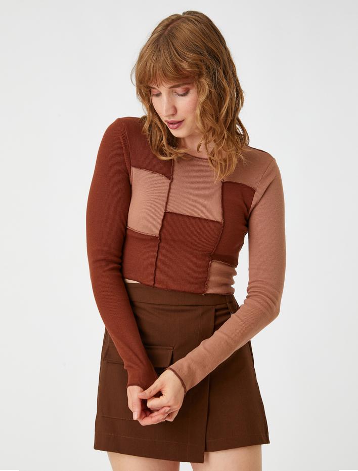  Uzun Kollu Tişört Crop Renk Bloklu