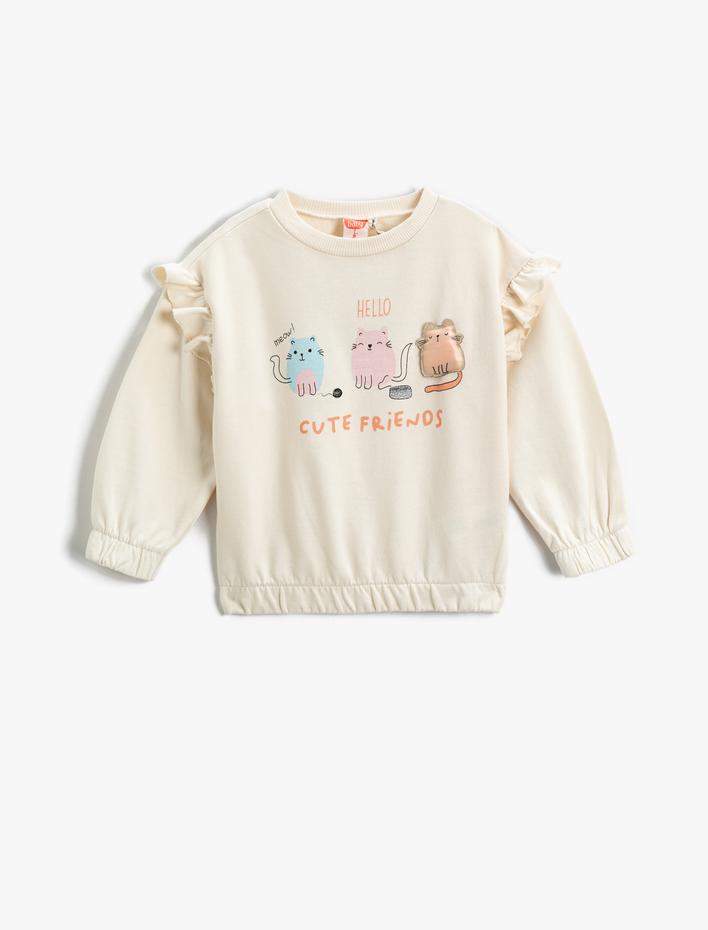 Kız Bebek Kedi Baskılı Sweatshirt Fırfır Detaylı