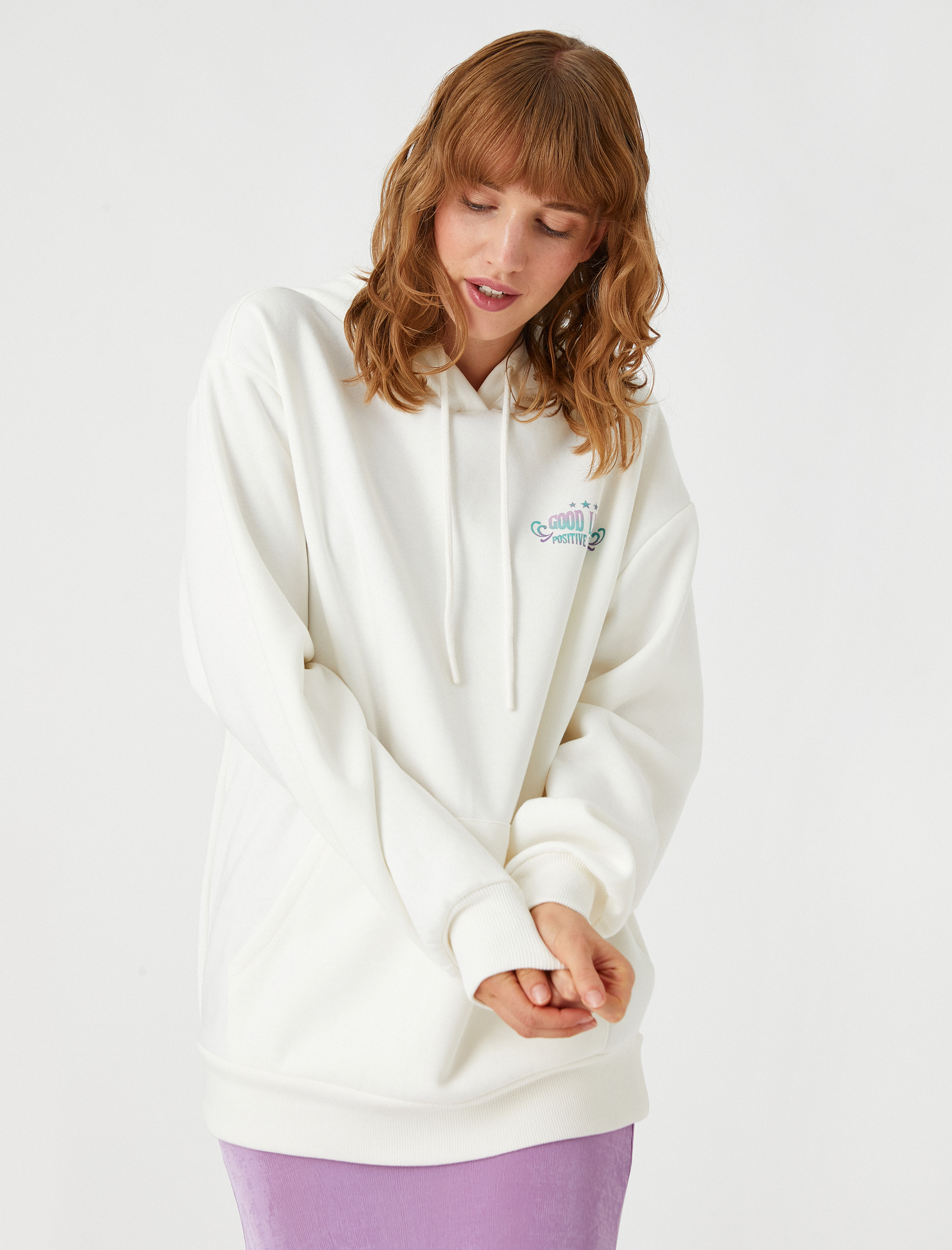   Oversize Baskılı Sweatshirt Kapüşonlu Uzun Kollu İçi Polarlı