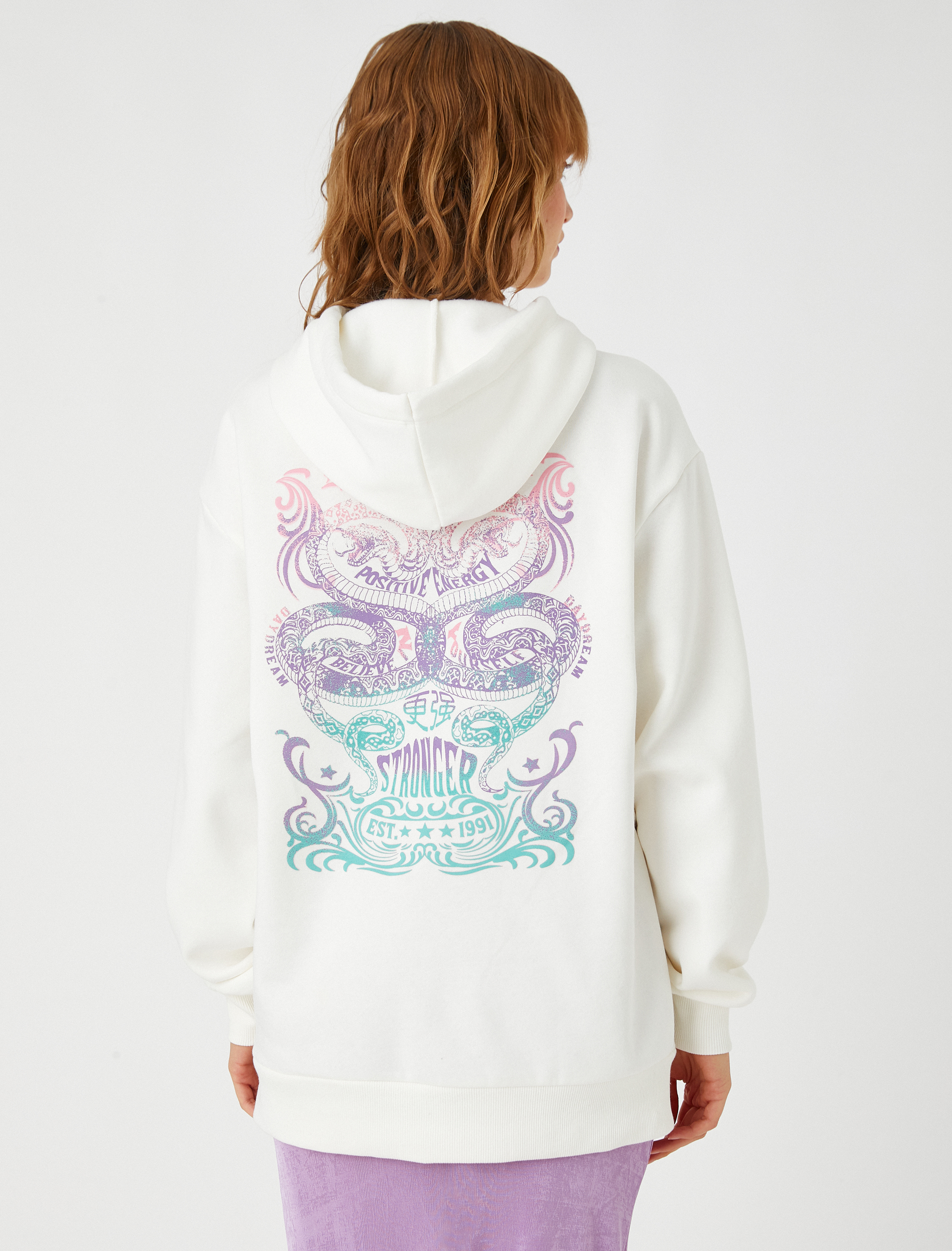   Oversize Baskılı Sweatshirt Kapüşonlu Uzun Kollu İçi Polarlı