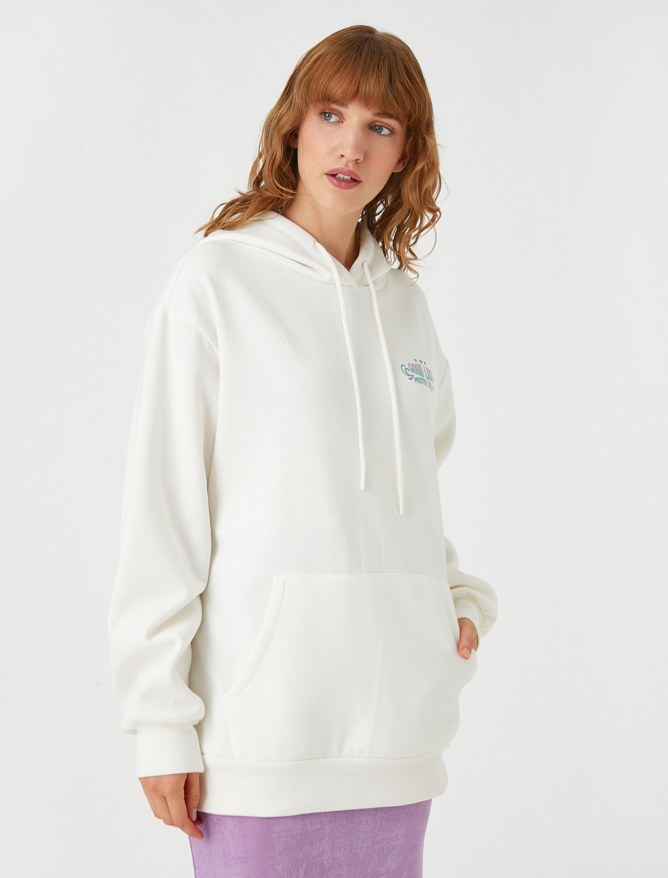   Oversize Baskılı Sweatshirt Kapüşonlu Uzun Kollu İçi Polarlı