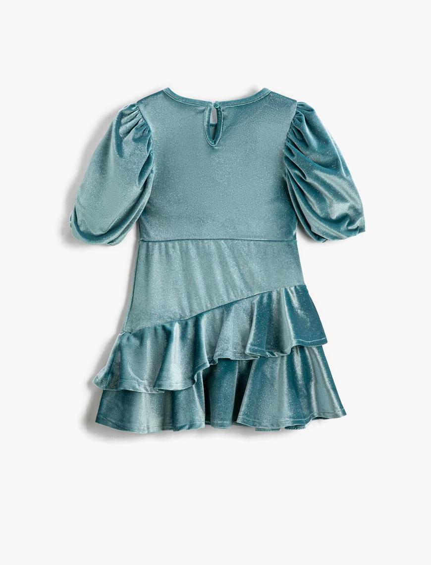  Kız Çocuk Parıltılı Kadife Elbise Kısa Balon Kollu