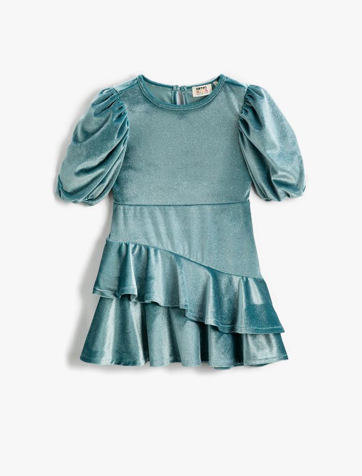 Kız Çocuk Parıltılı Kadife Elbise Kısa Balon Kollu