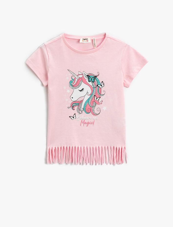 Kız Çocuk Unicorn Baskılı Püsküllü Tişört Kısa Kollu