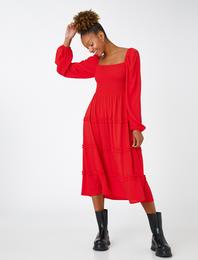 Midi Elbise Uzun Kollu Gipeli