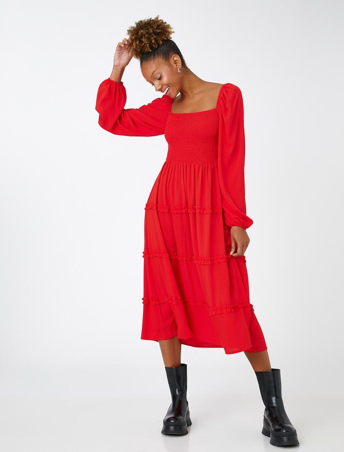  Midi Elbise Uzun Kollu Gipeli