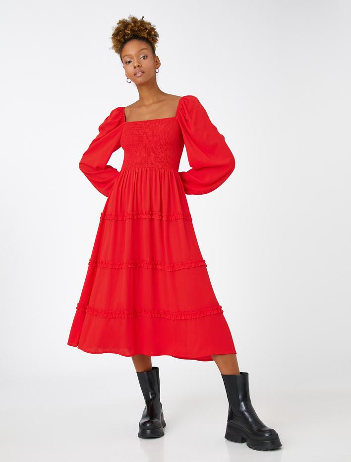  Midi Elbise Uzun Kollu Gipeli