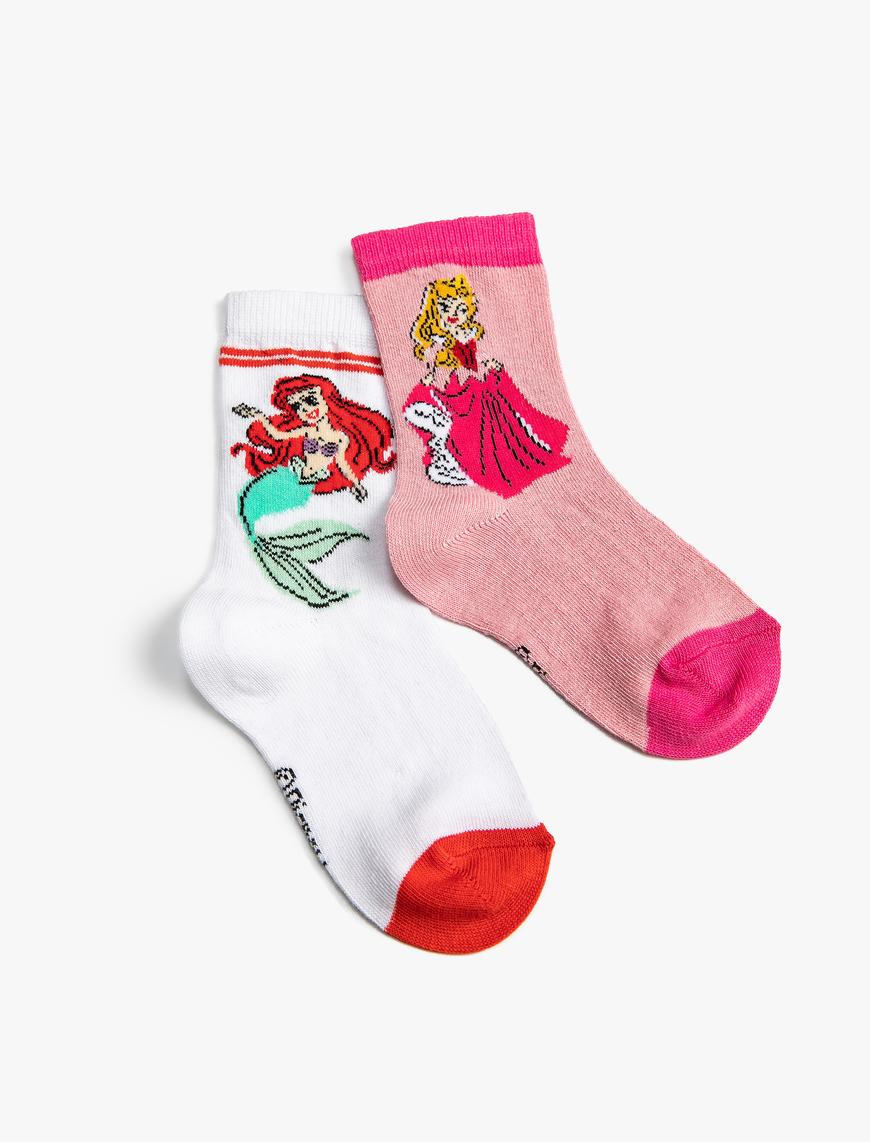  Kız Çocuk 2'li Disney Prenses Baskılı Çorap Lisanslı