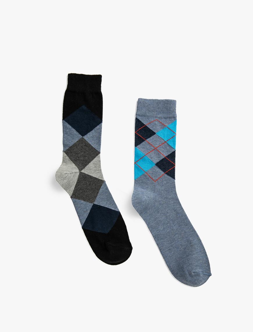  Erkek 2'li Soket Çorap Seti Geometrik Desenli