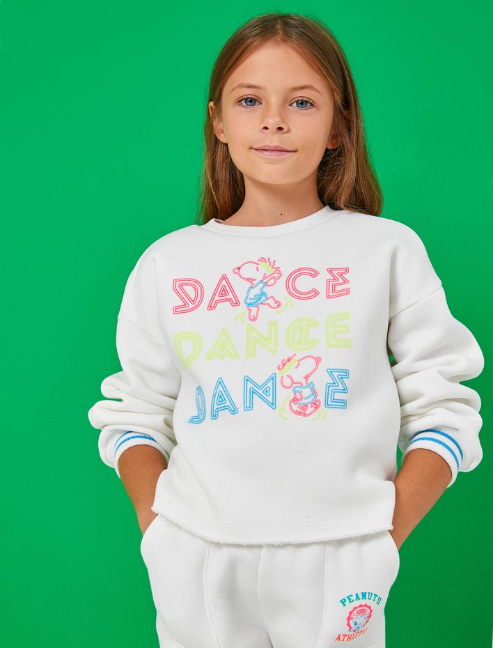 Kız Çocuk Snoopy Sweatshirt Bisiklet Yaka Baskılı Lisanslı Şardonlu