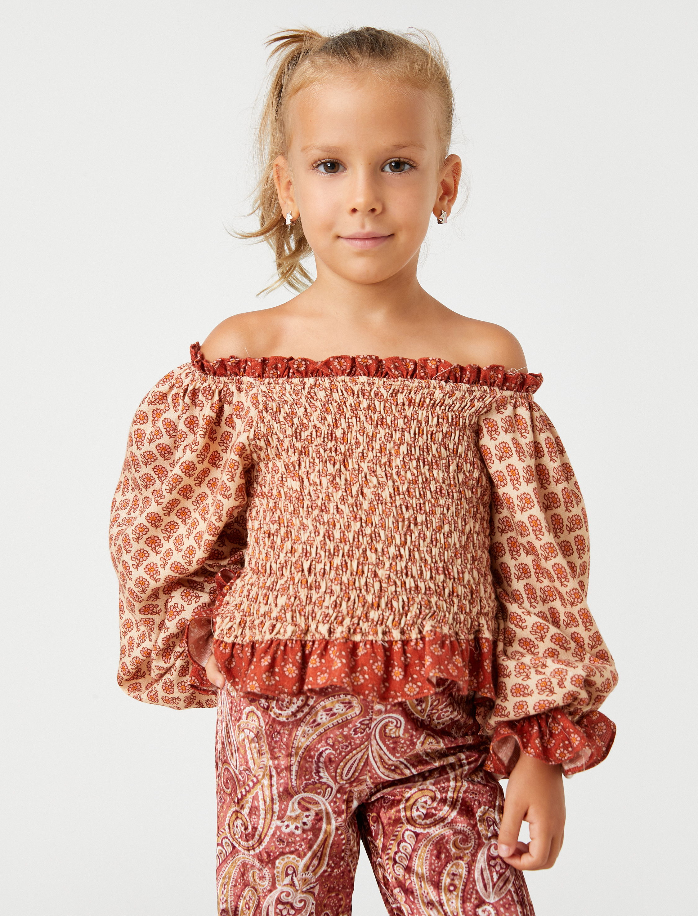  Kız Çocuk Crop Bluz Uzun Kollu Çiçekli