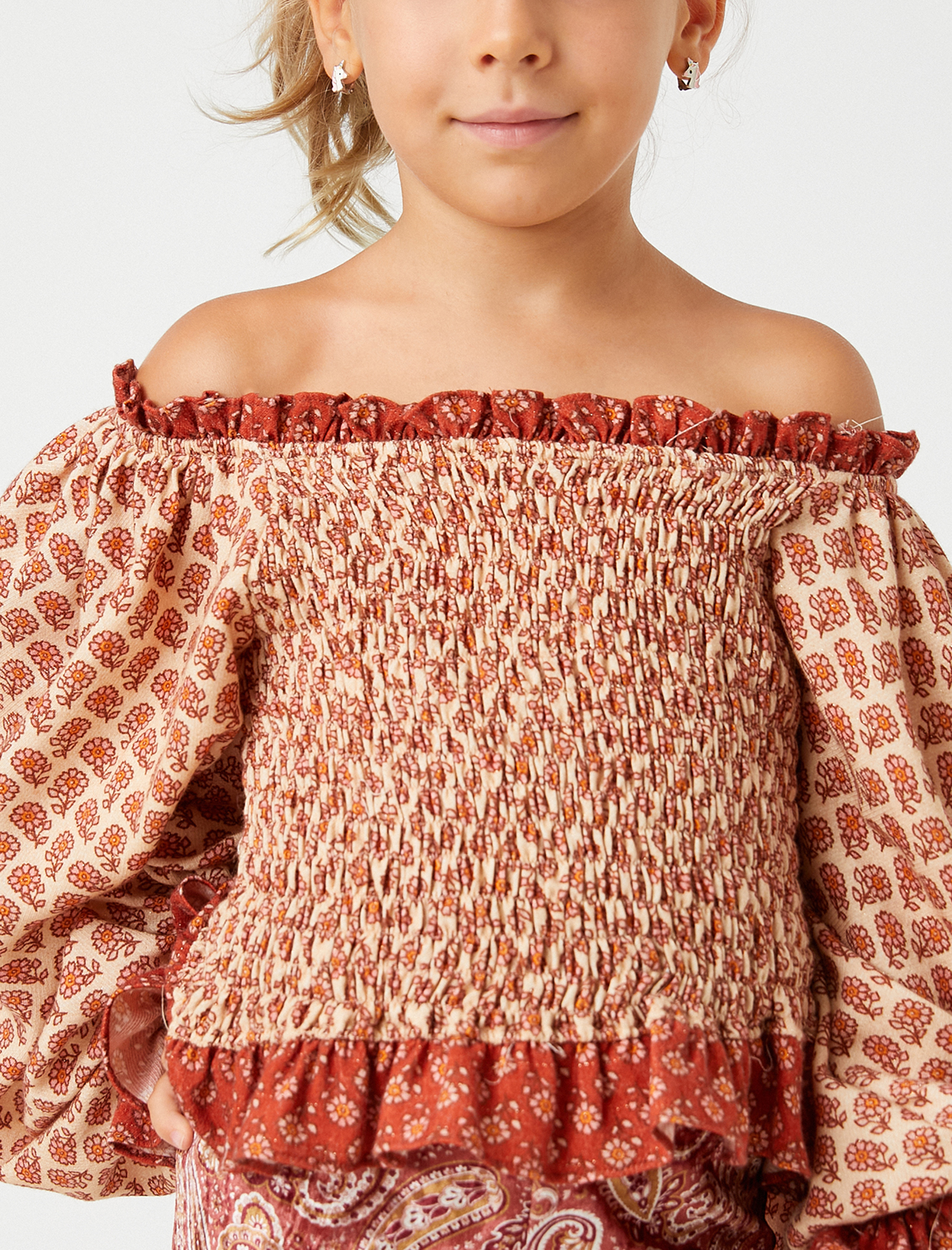  Kız Çocuk Crop Bluz Uzun Kollu Çiçekli