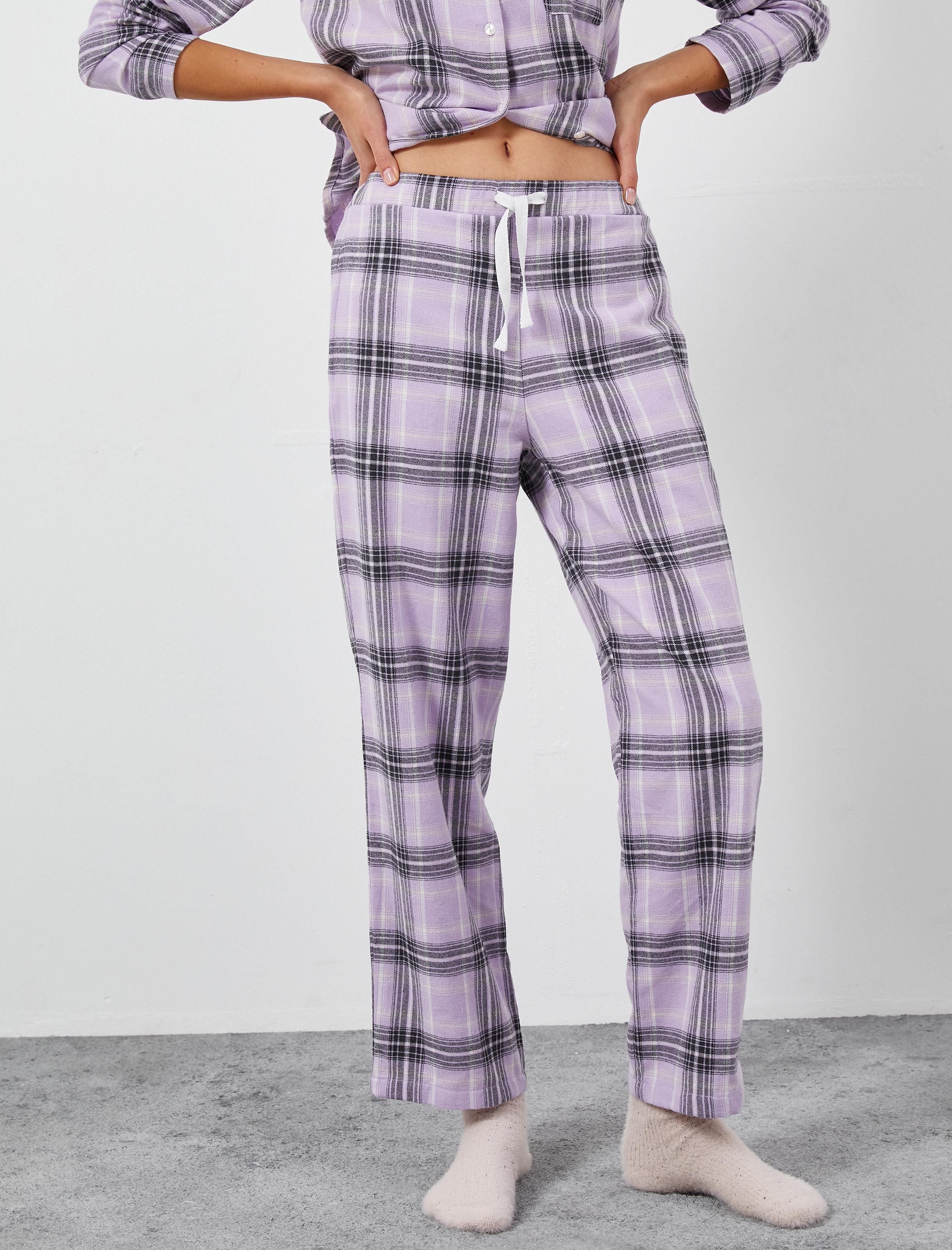   Kareli Pijama Altı Beli Lastikli Düz Paça