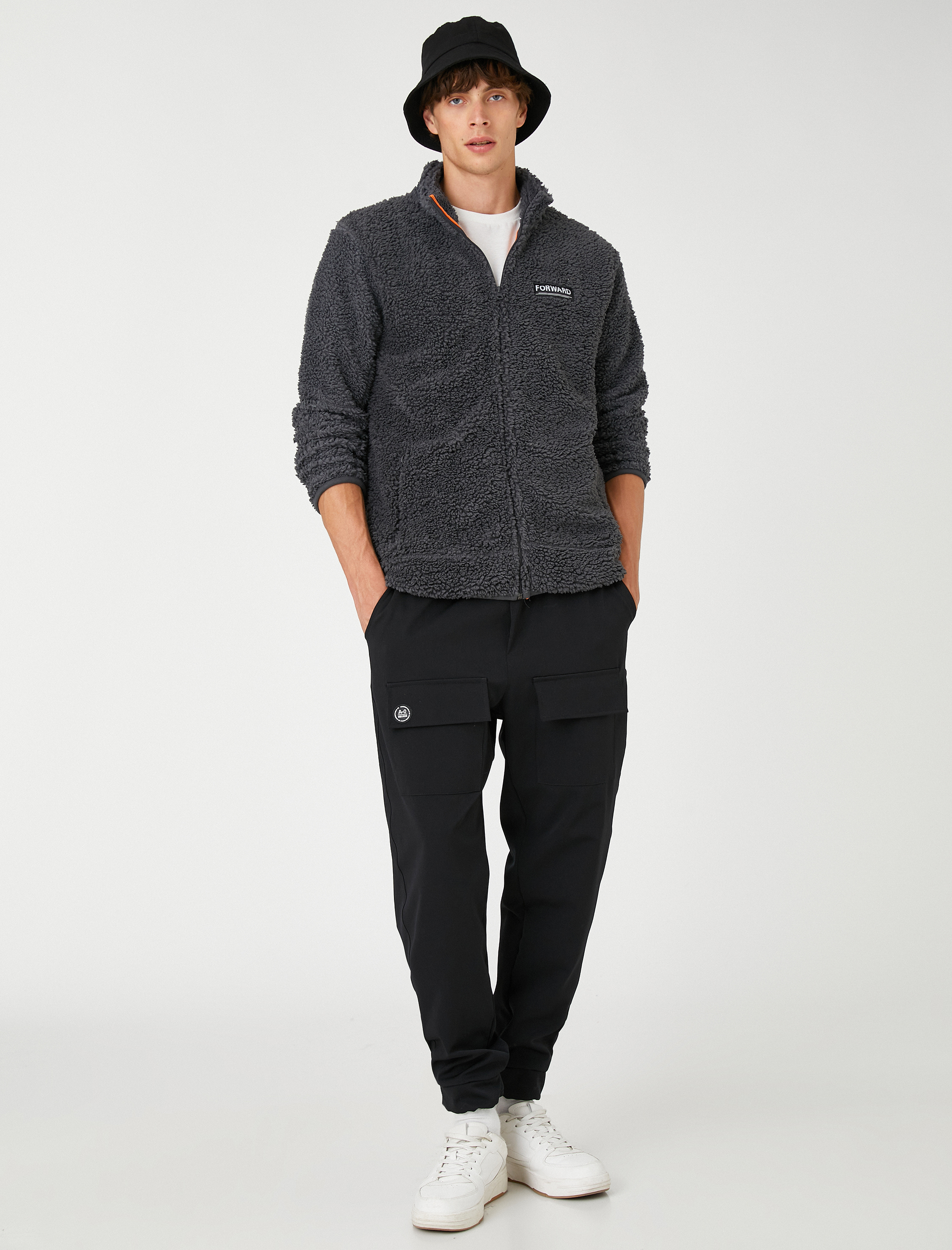   Dik Yaka Sweatshirt Slogan Etiket Baskılı Fermuarlı Cepli