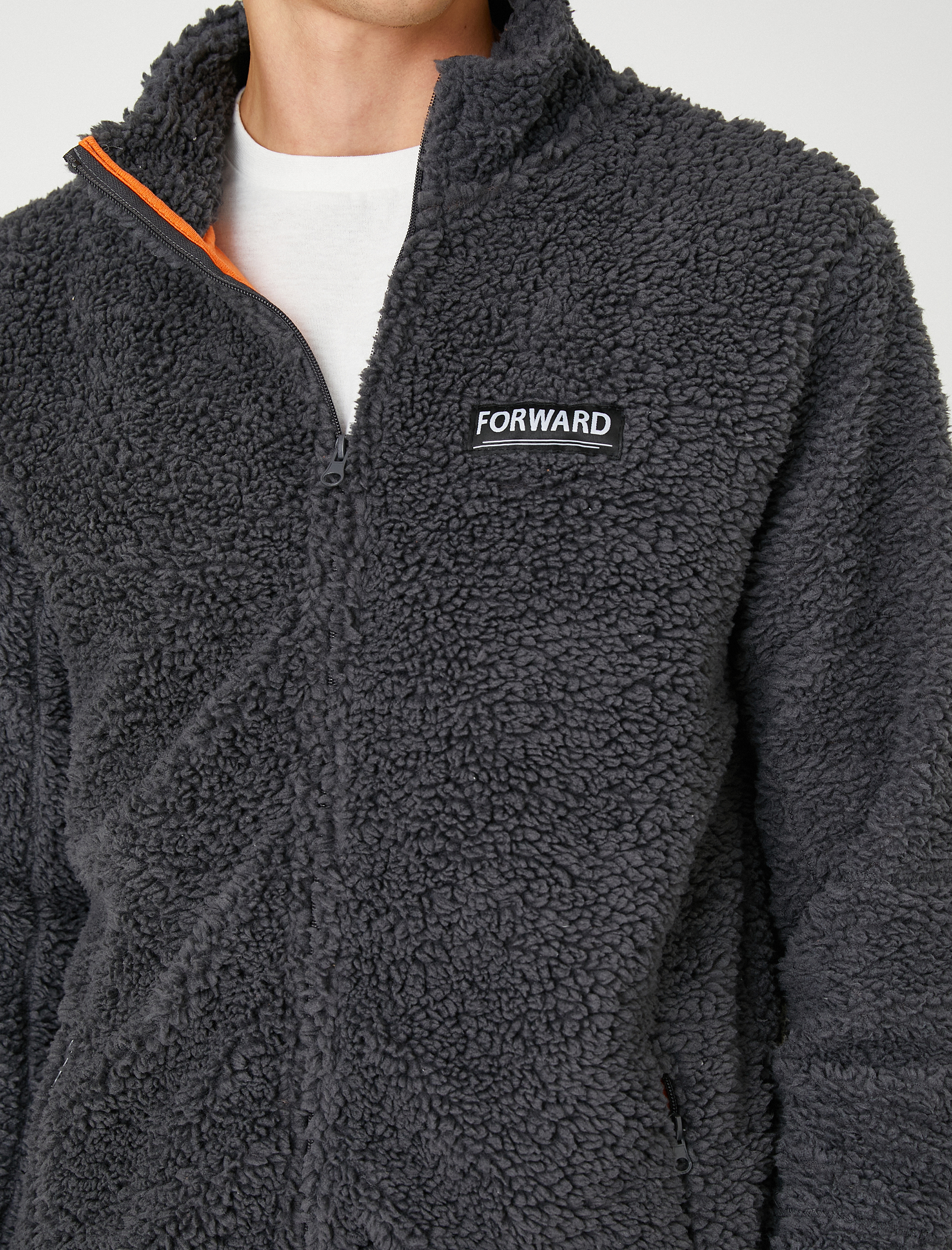   Dik Yaka Sweatshirt Slogan Etiket Baskılı Fermuarlı Cepli