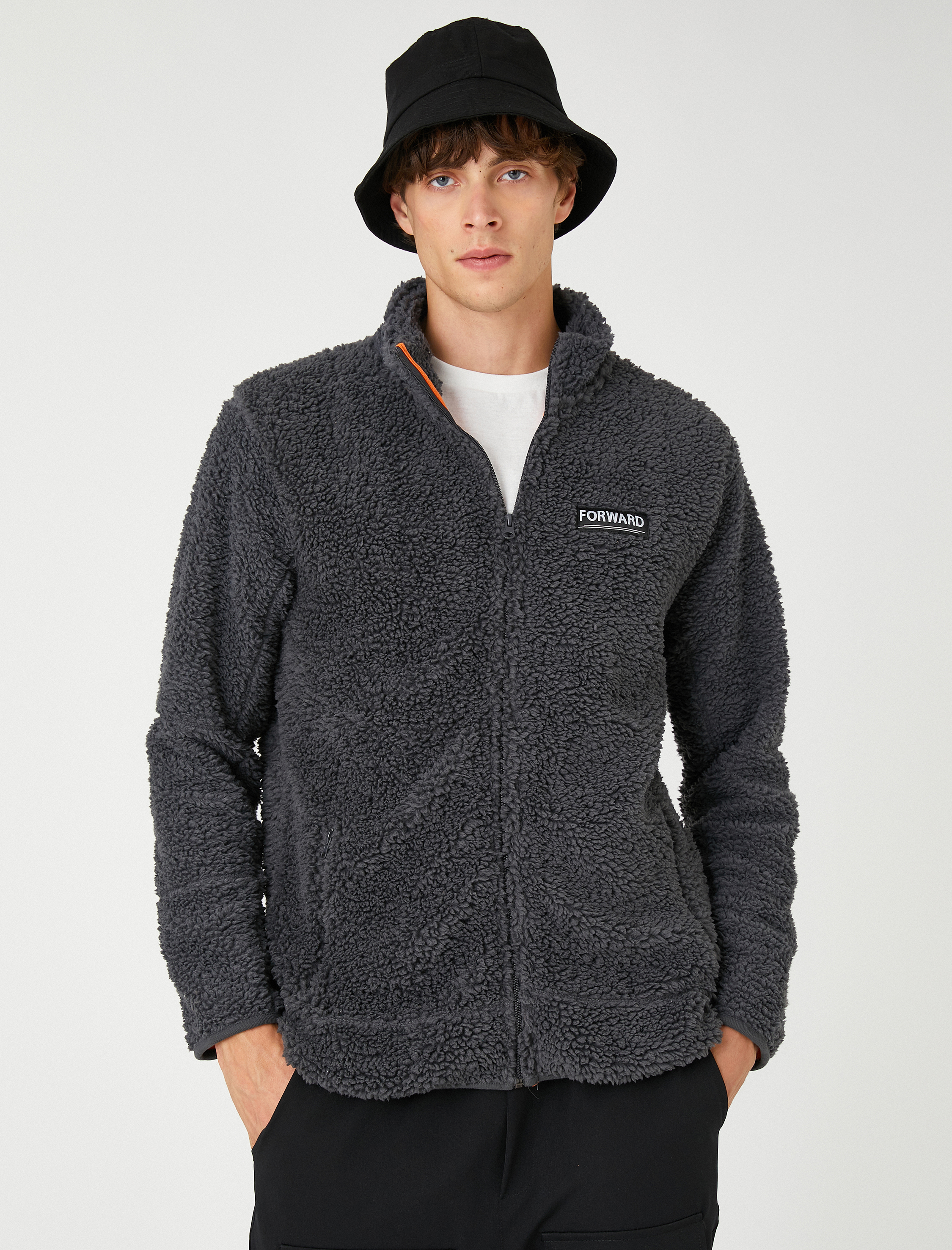   Dik Yaka Sweatshirt Slogan Etiket Baskılı Fermuarlı Cepli