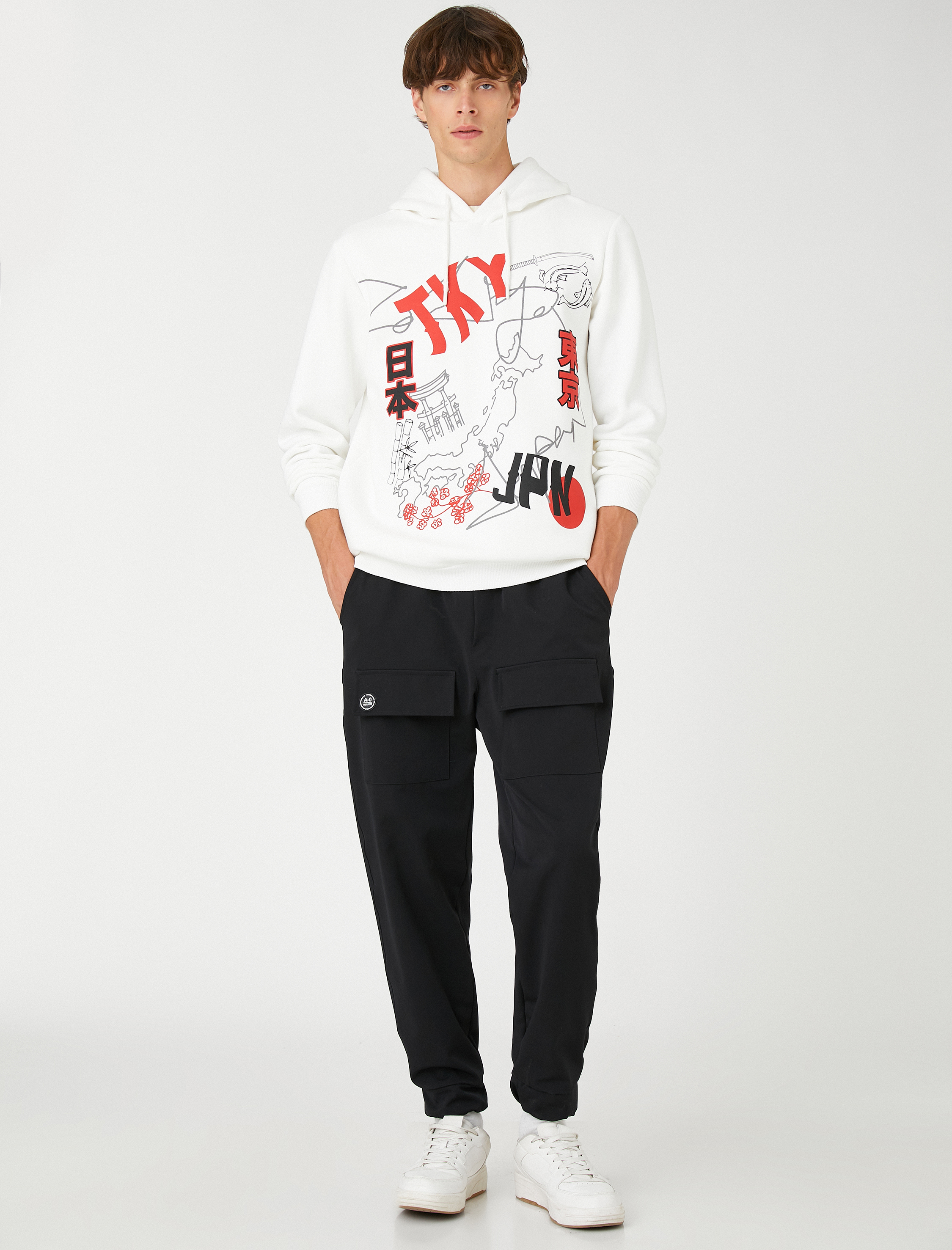   Basic Kapşonlu Sweatshirt Şardonlu Slogan Baskılı Uzun Kollu