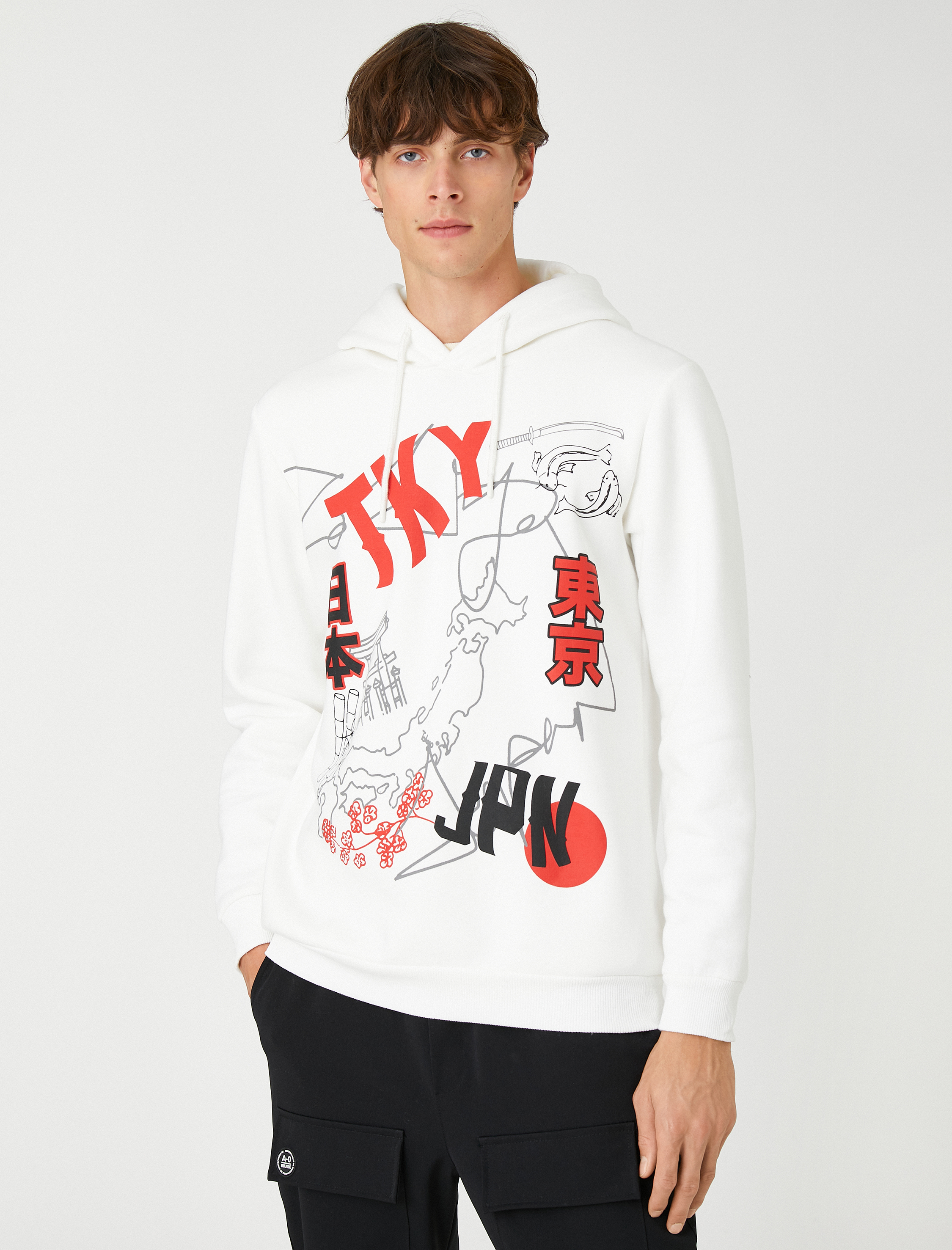   Basic Kapşonlu Sweatshirt Şardonlu Slogan Baskılı Uzun Kollu