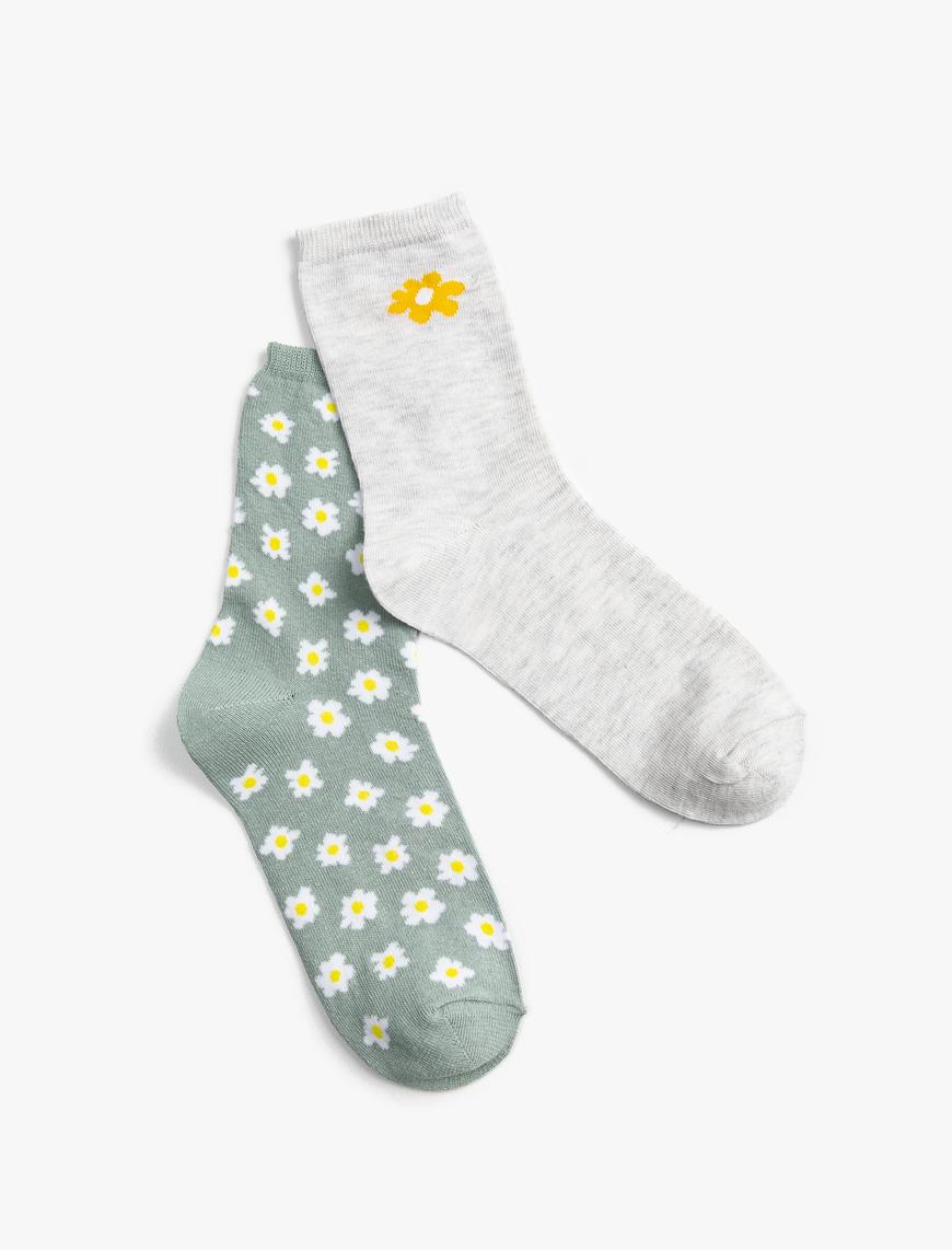  Kadın 2'li Çiçekli Soket Çorap Seti