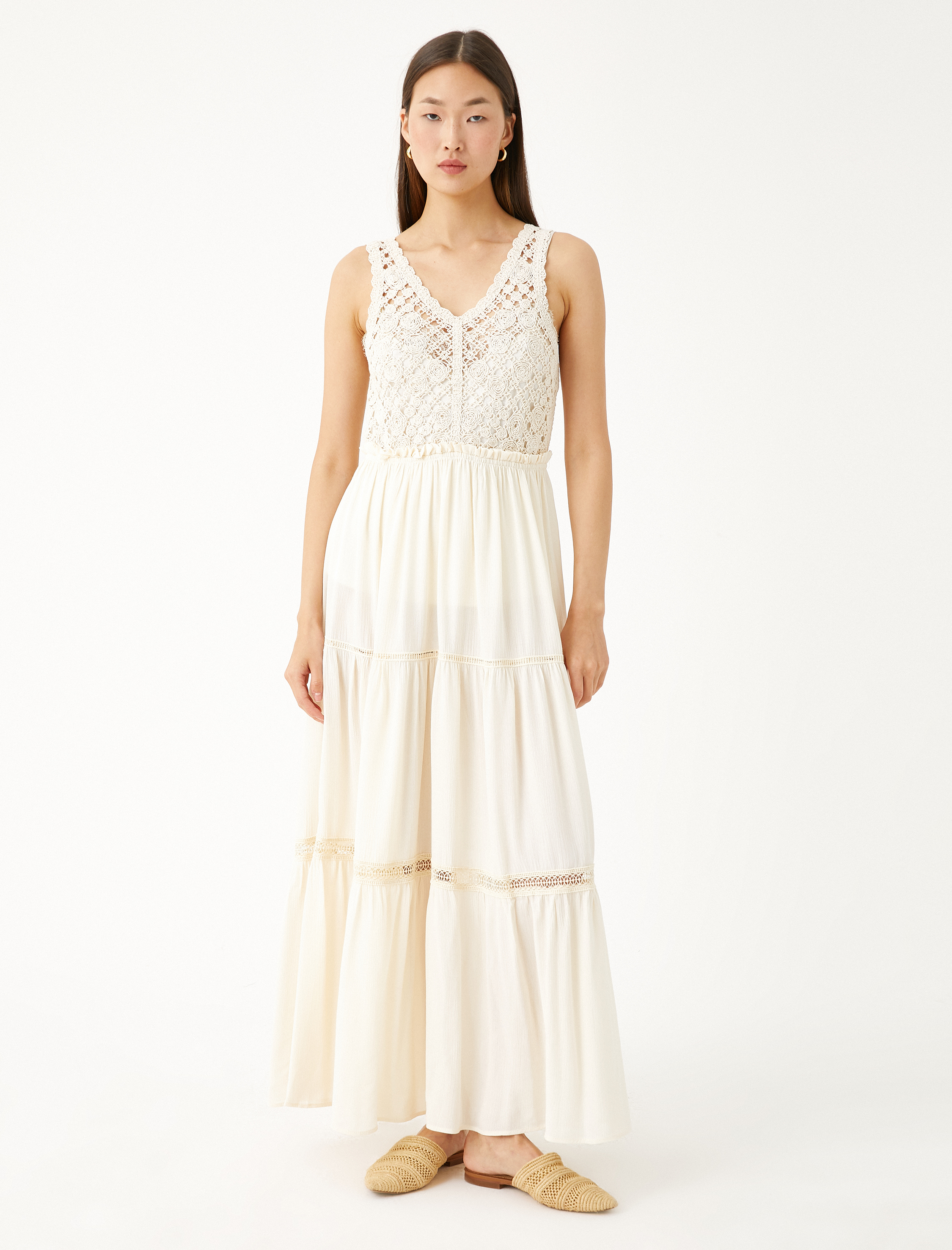   Uzun Viskon Elbise Kroşe Detaylı