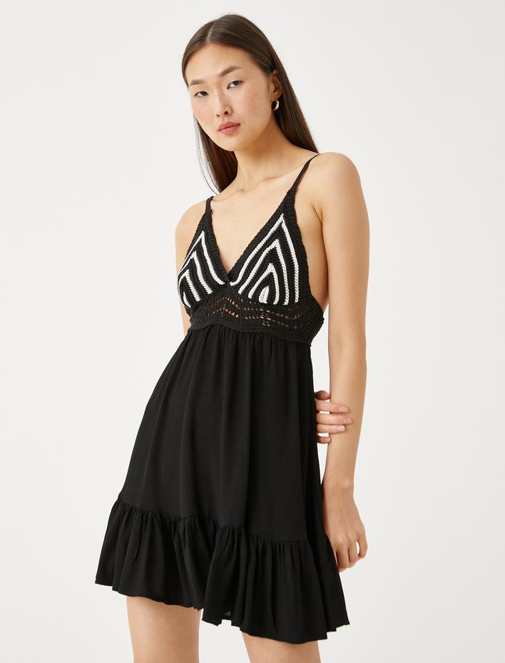  Mini Viskon Elbise Kroşe Detaylı Askılı