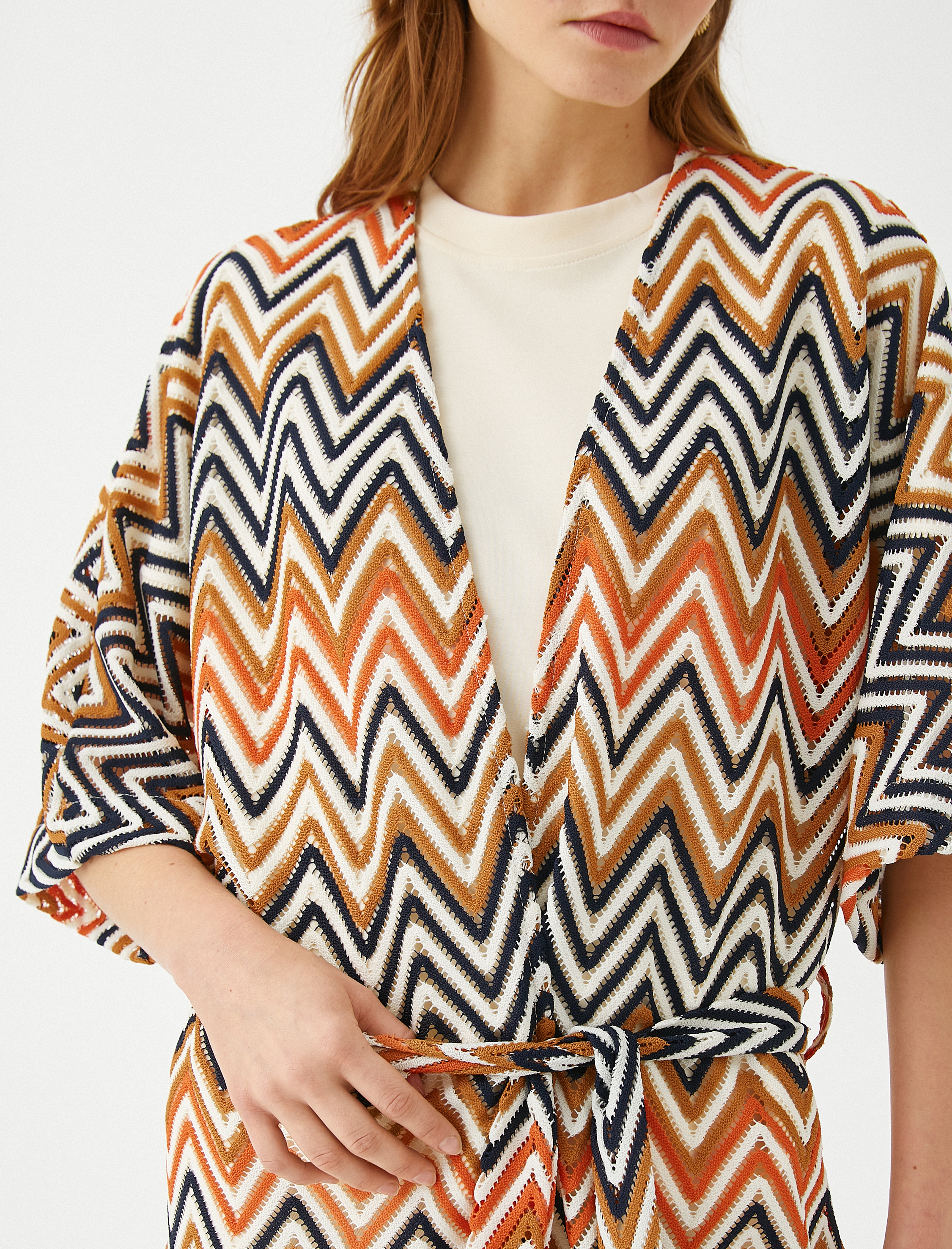   Zigzag Desenli Uzun Kimono Kuşaklı