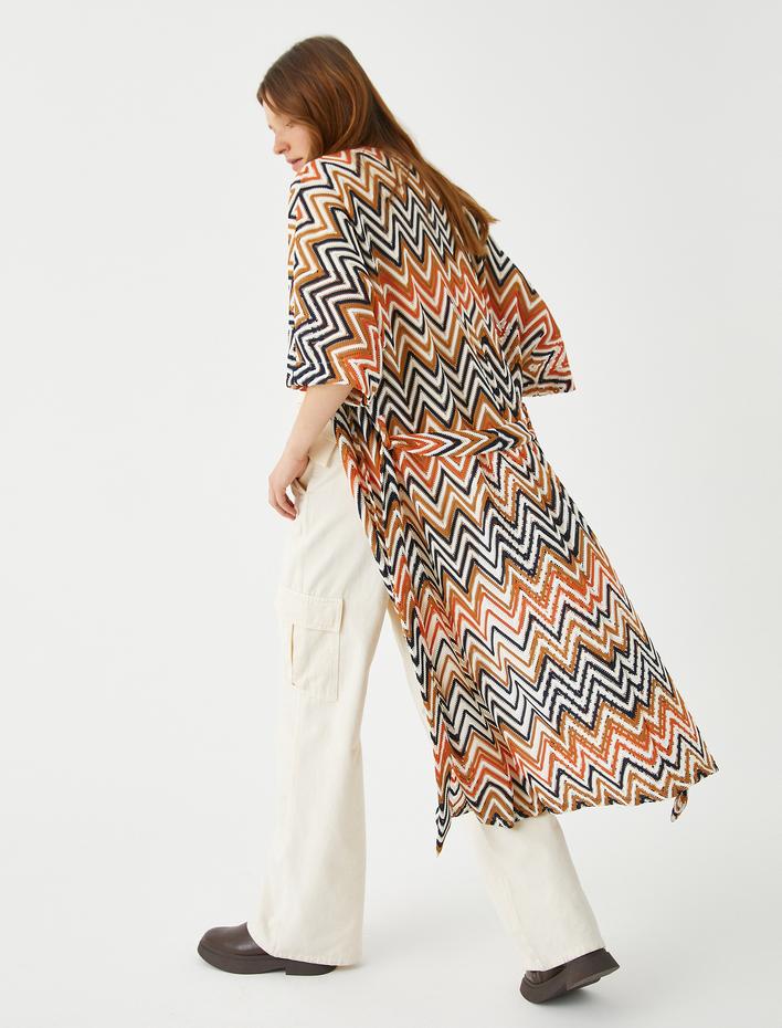  Zigzag Desenli Uzun Kimono Kuşaklı