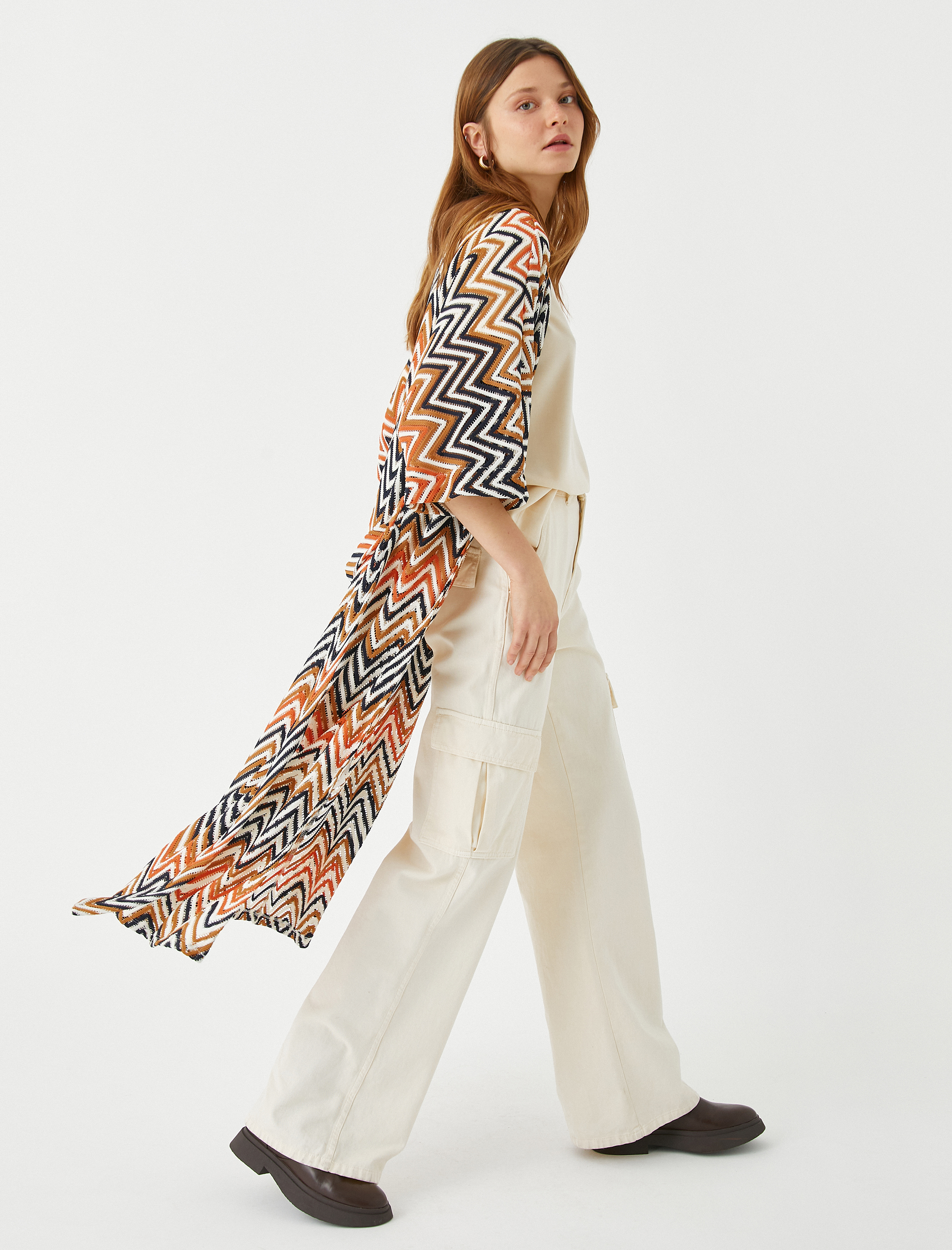   Zigzag Desenli Uzun Kimono Kuşaklı