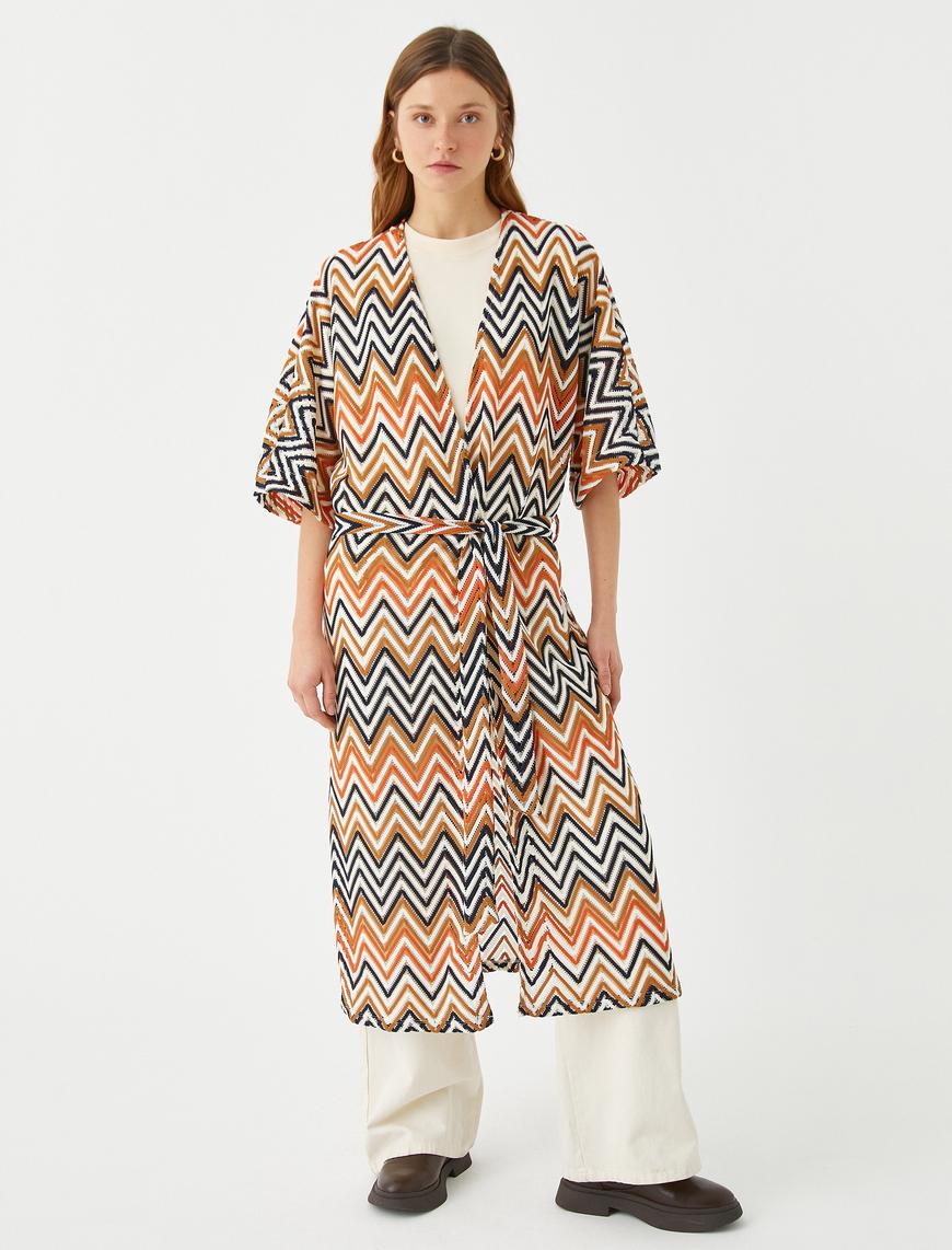   Zigzag Desenli Uzun Kimono Kuşaklı