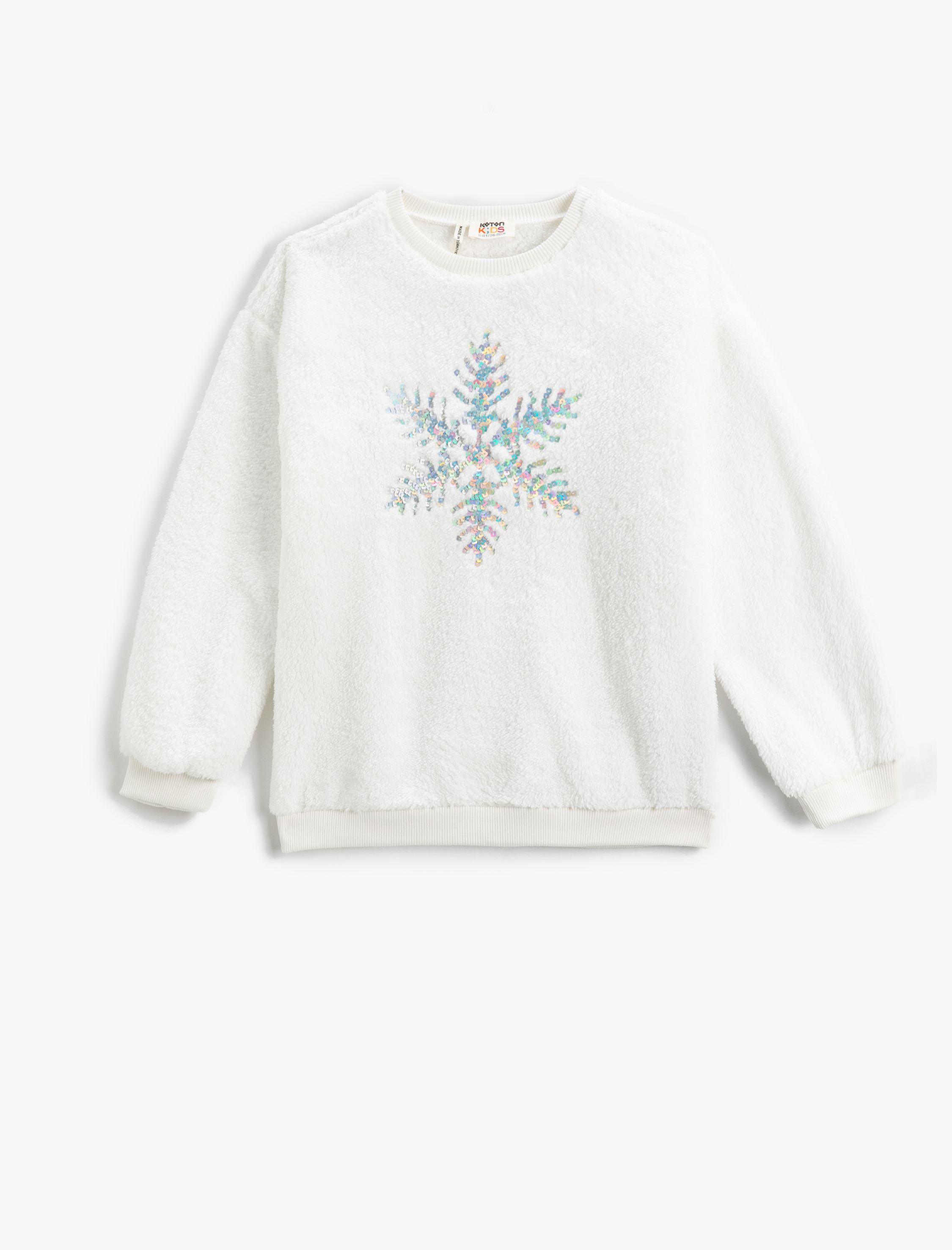  Kız Çocuk Peluş Sweatshirt Yılbaşı Temalı Kar Tanesi Detaylı Pul Payet İşlemeli