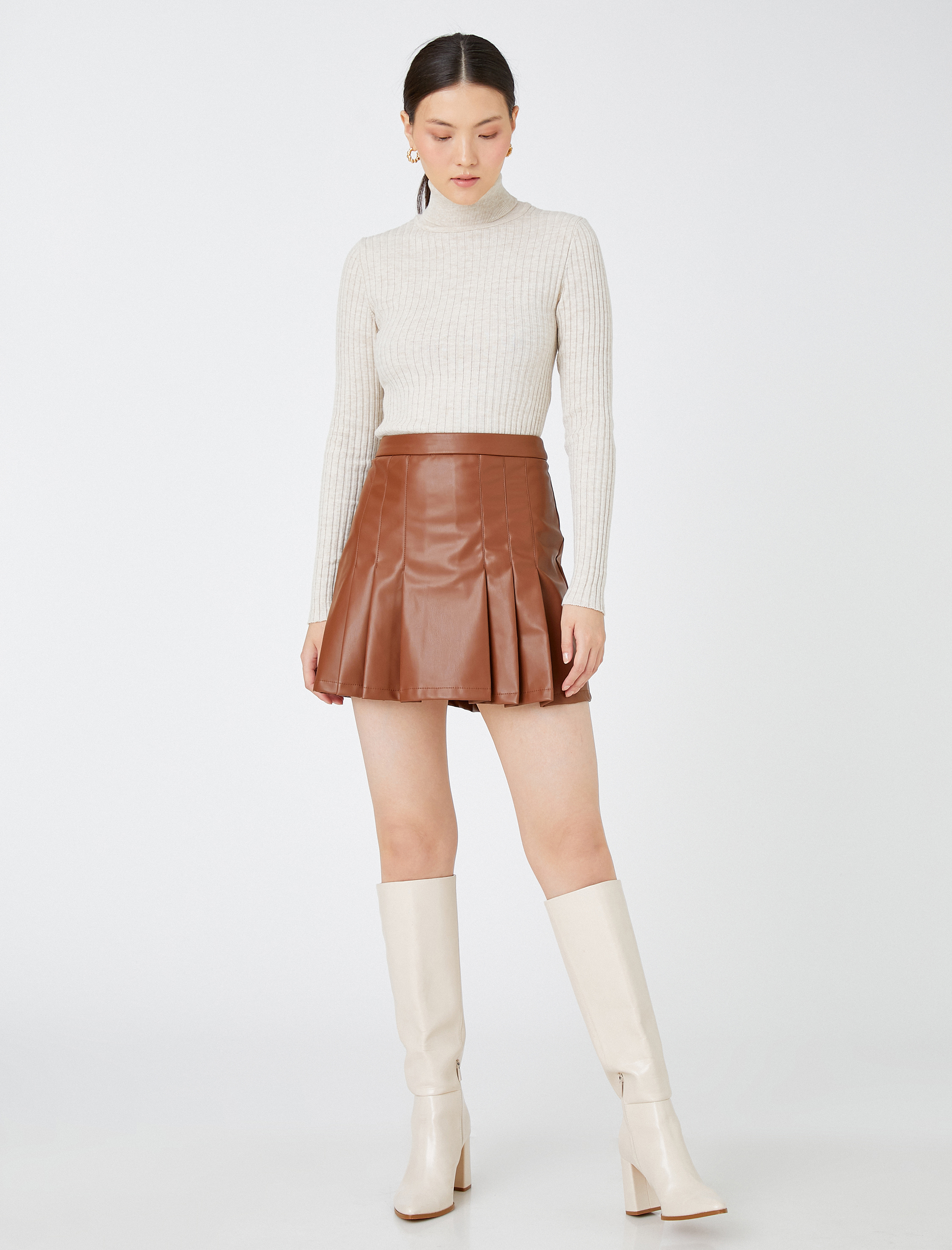   Mini Etek Suni Deri Pileli