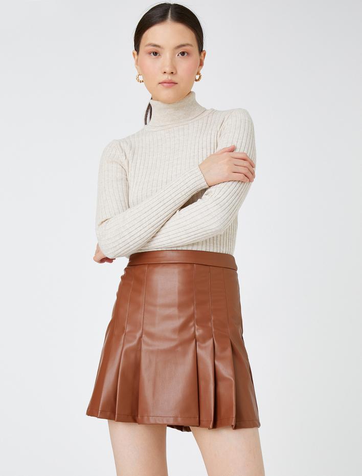  Mini Etek Suni Deri Pileli