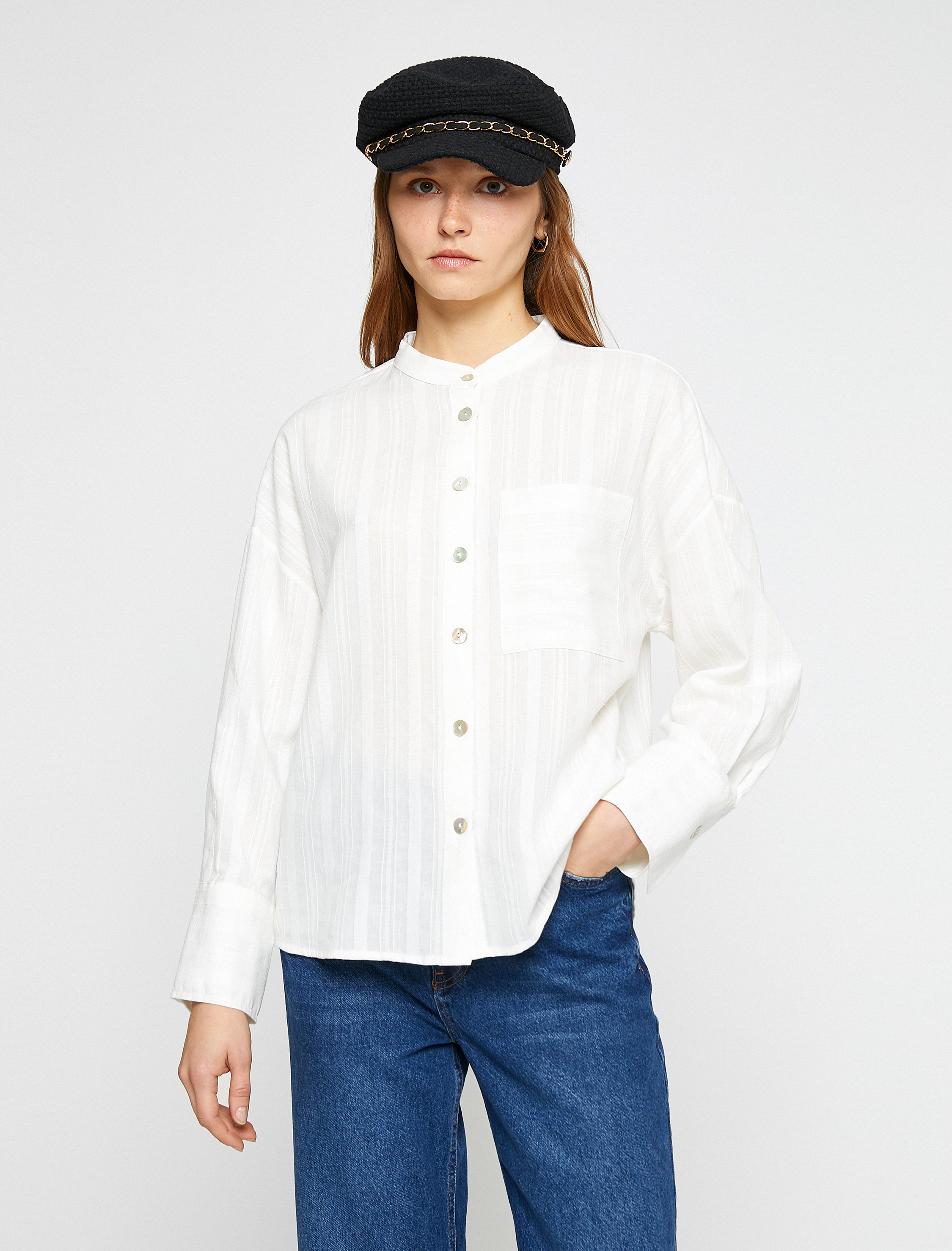   Oversize Çizgili Gömlek Cepli Hakim Yaka