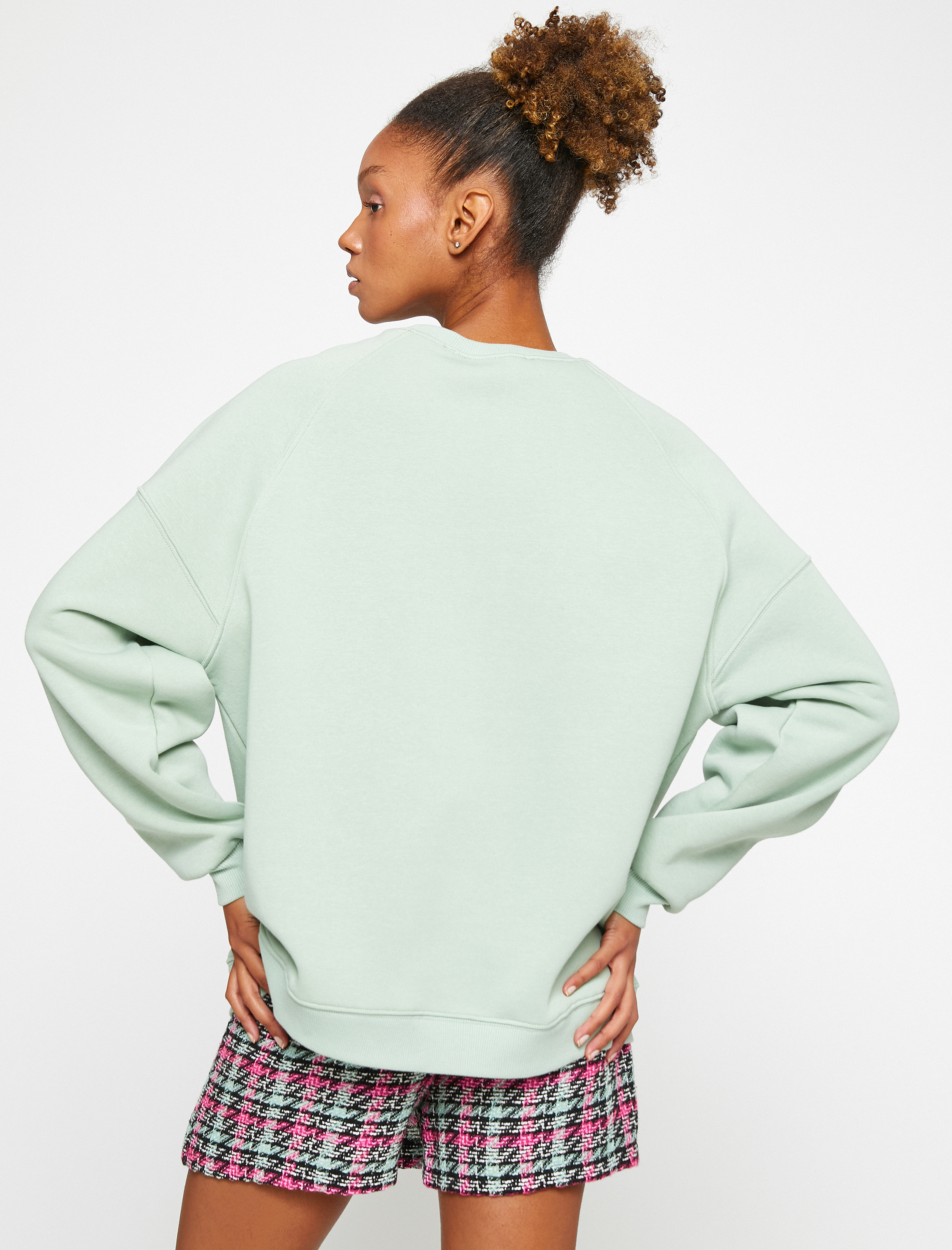   Şardonlu Oversize Sweatshirt Bisiklet Yaka Uzun Kollu